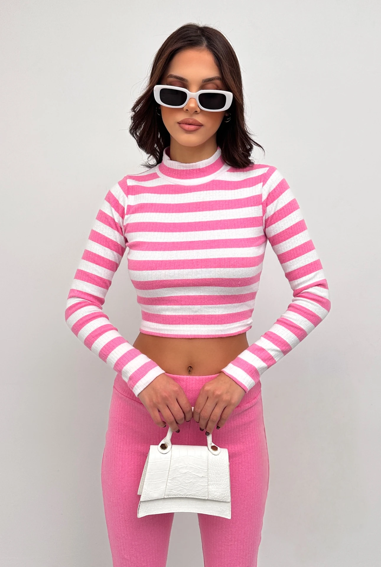 BALIKÇI YAKA ŞARDONLU UZUN KOL ÇİZGİLİ CROP BODY İSPANYOL PAÇA TAYT TAKIM