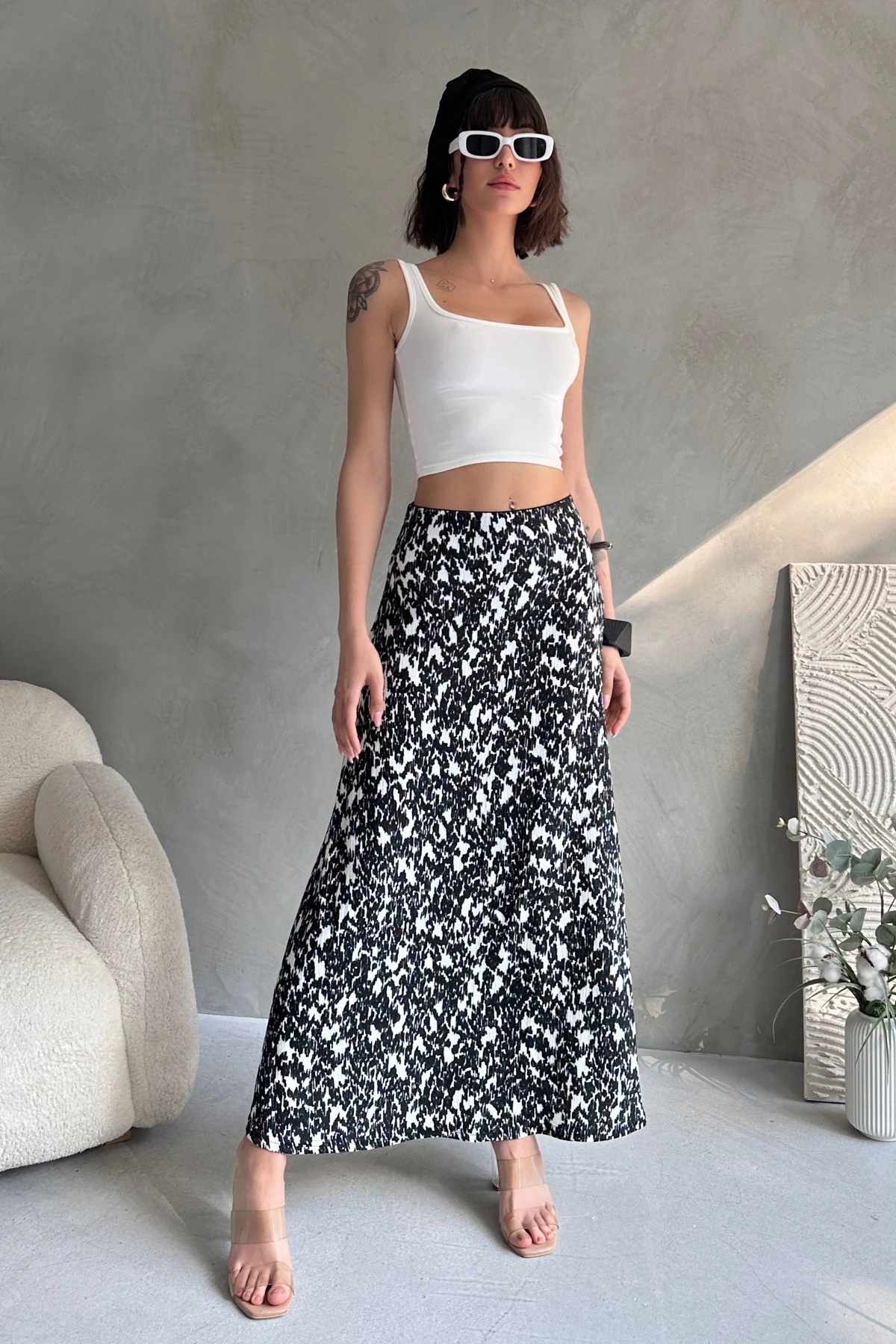 DESENLİ UZUN BÜRÜMCÜK KLOŞ ETEK - GRİ/SİYAH