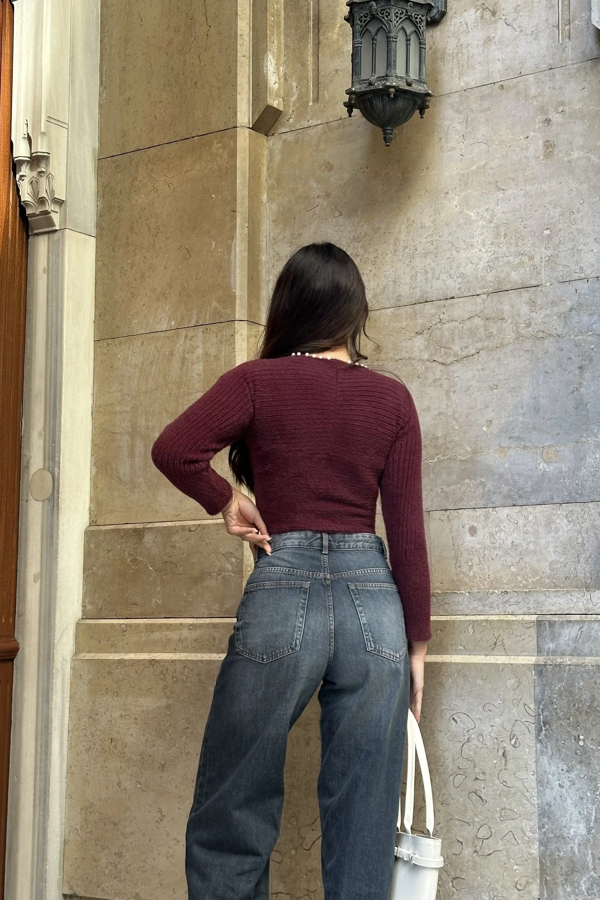 SWAN İNCİ DETAYLI KRUVAZE UZUN KOL TRİKO BLUZ