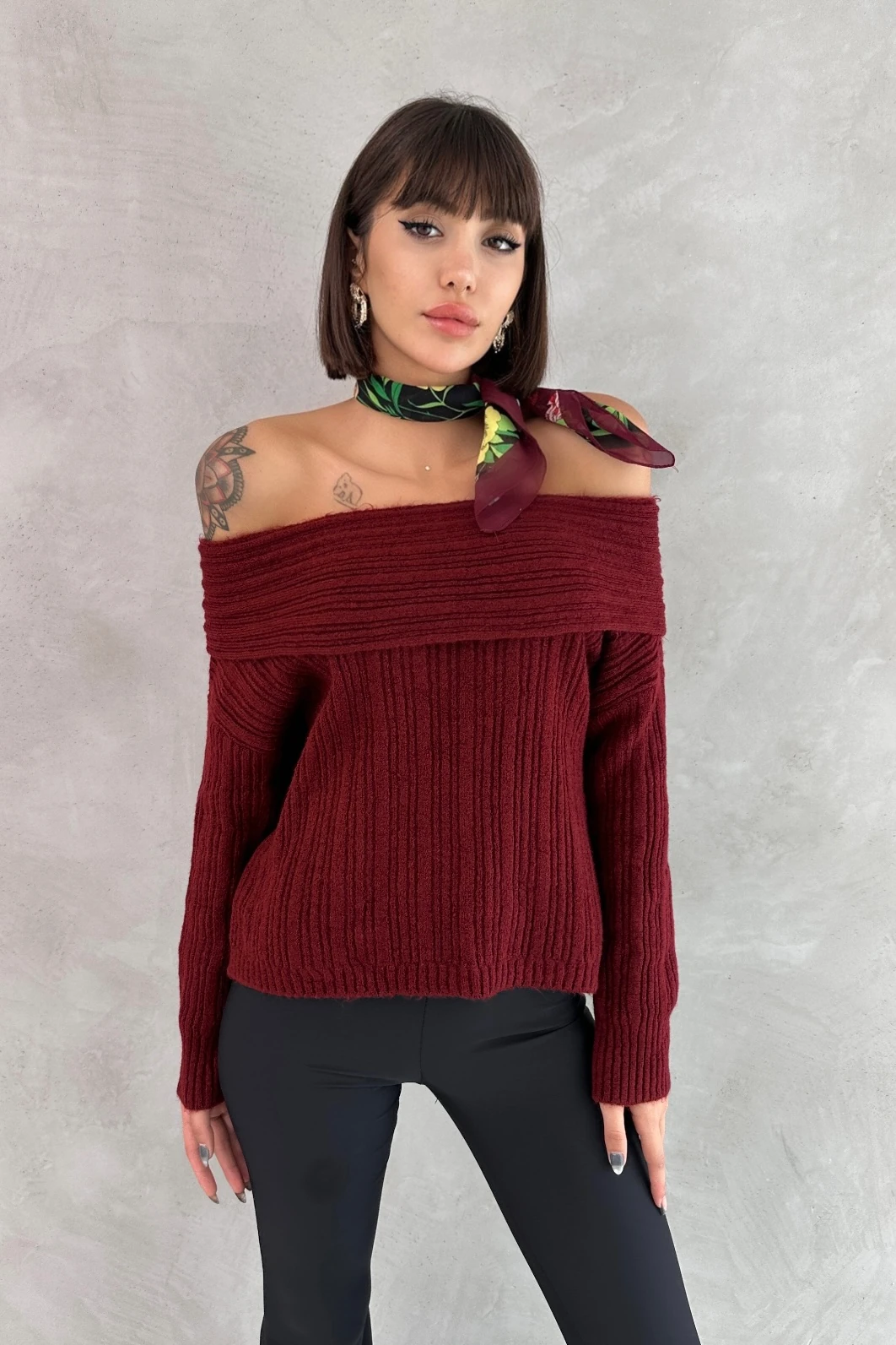 JOLİE MADONNA YAKA TRİKO KAZAK - bordo