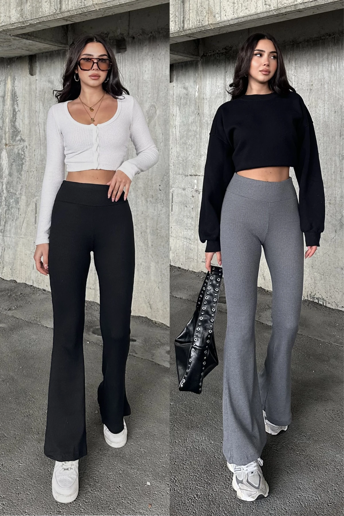 İSPANYOL PAÇA YÜKSEK BEL KAŞKORSE PANTOLON - füme - siyah