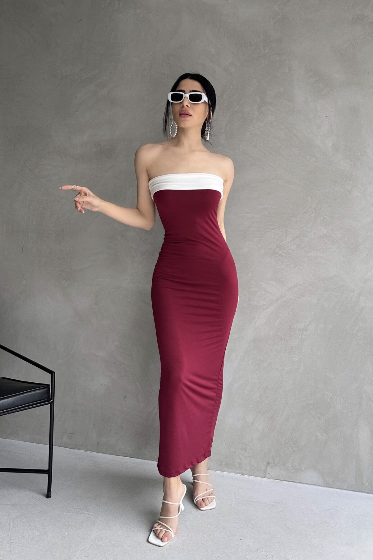 STRAPLEZ YAKA SANDY ELBİSE