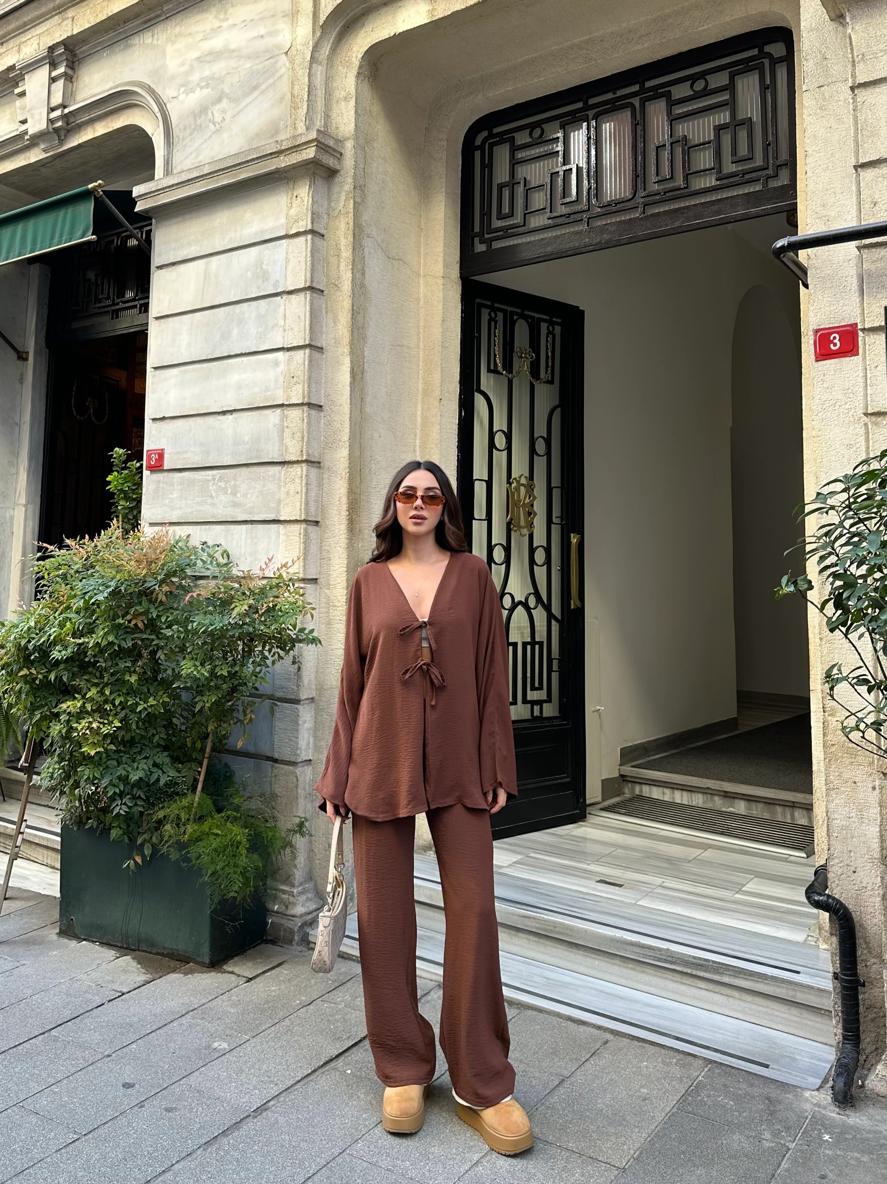 Kadın Önden Bağlamalı Gömlek, Palazzo Pantolon Aerobin Takım - acı kahve