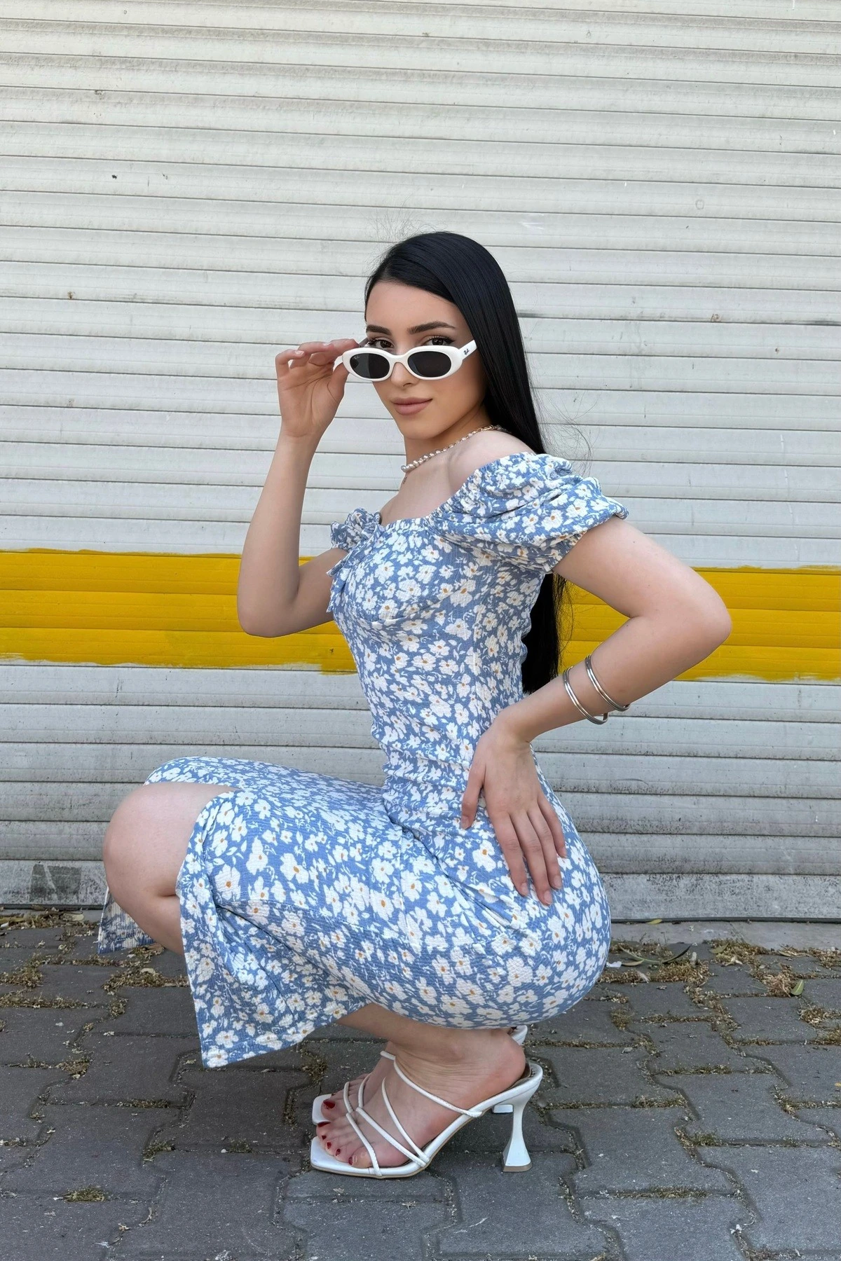 KARPUZ KOL BÜYÜK ÇİÇEK DESENLİ YIRTMAÇLI ELBİSE