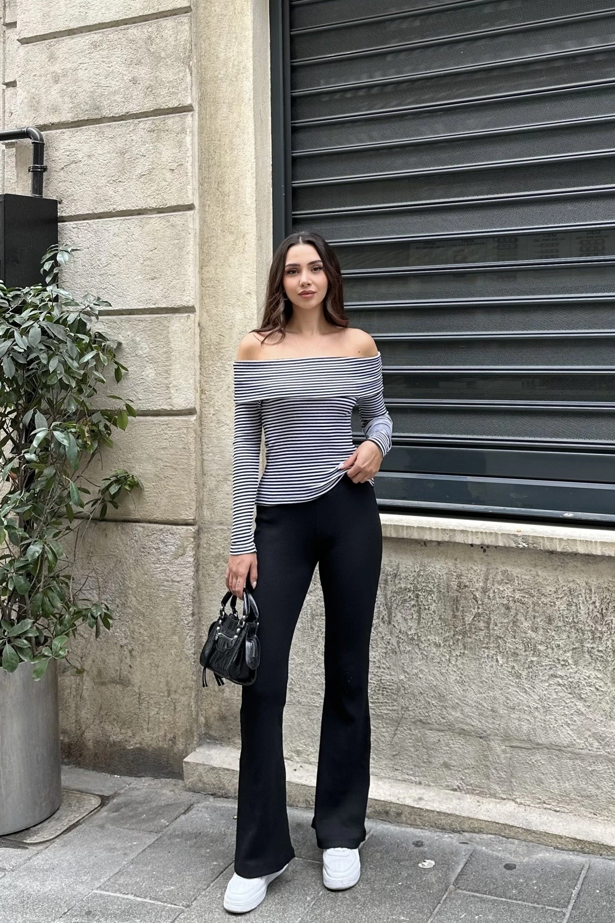Madonna Yaka Bluz Ispanyol Paça Kaşkorse Takım - SİYAH BEYAZ ÇİZGİLİ