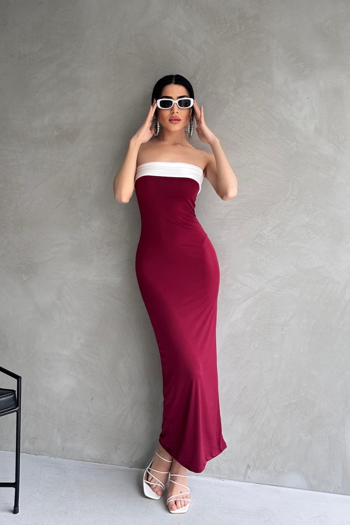 STRAPLEZ YAKA SANDY ELBİSE
