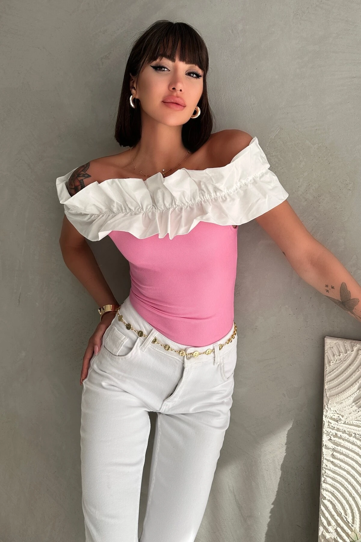 BÜZGÜLÜ MADONNA YAKA BLUZ - pembe