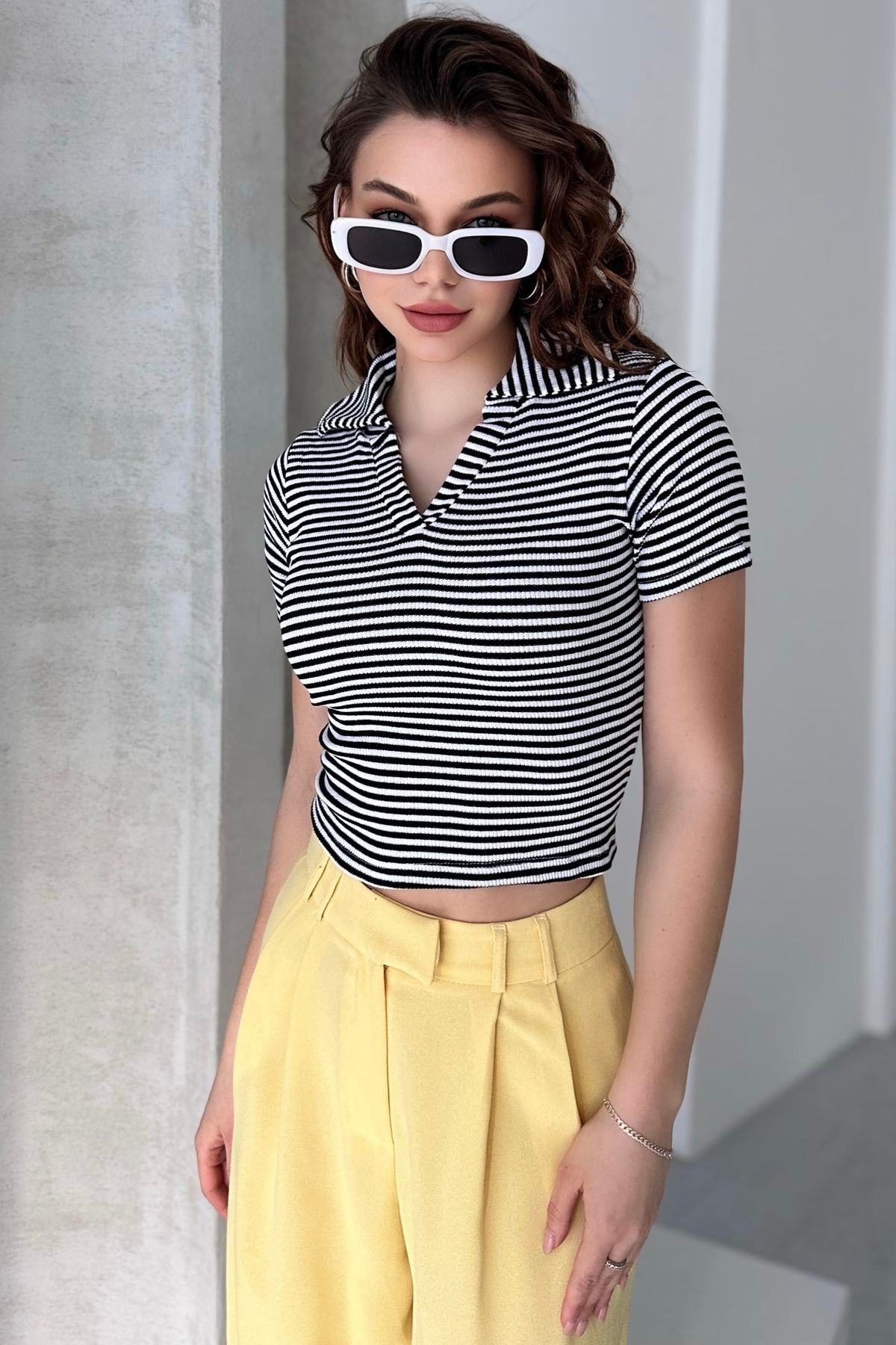 POLO YAKA KAŞKORSE KISA KOL CROP BODY
