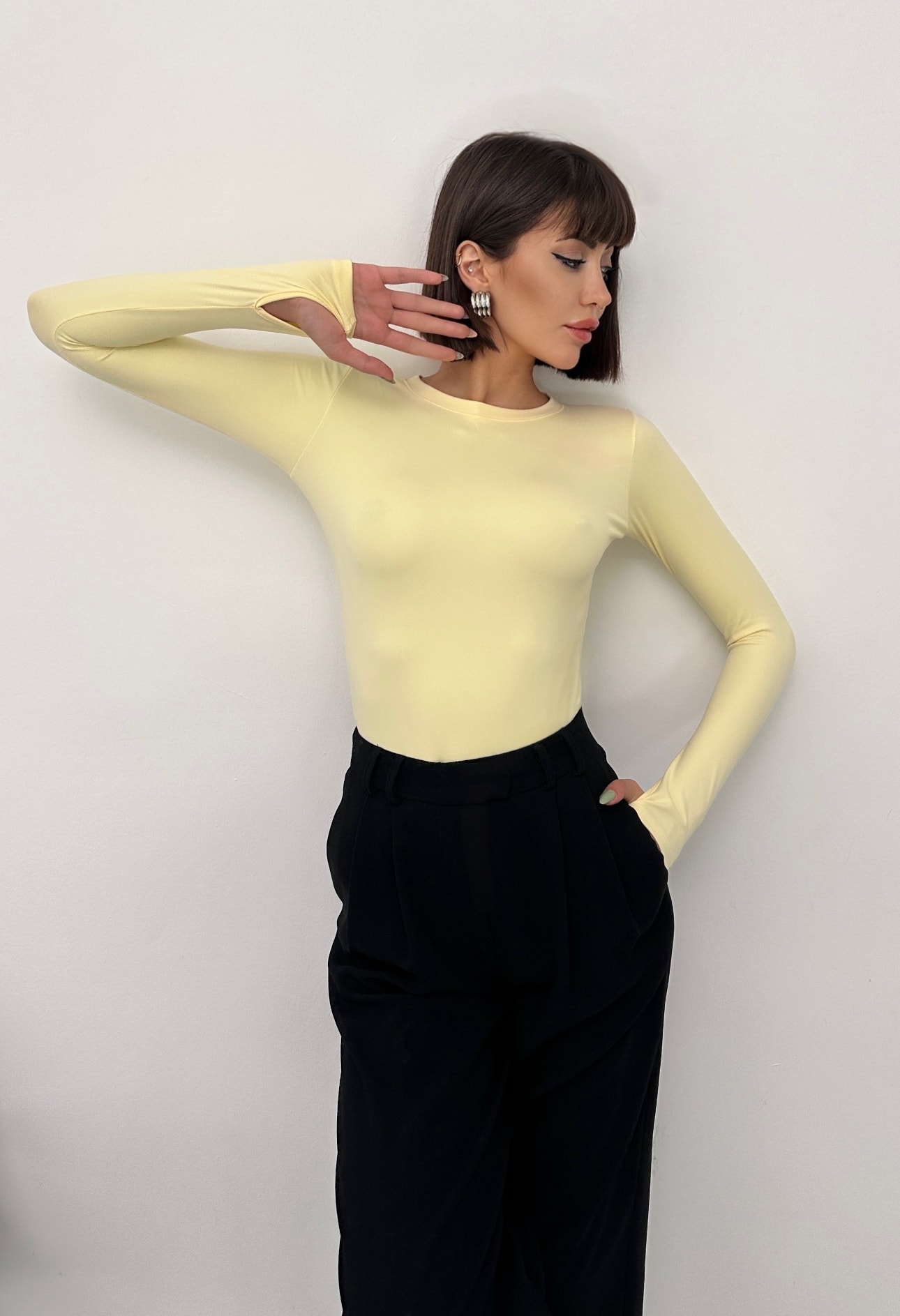 MODAL KUMAŞ PARMAK GEÇİRMELİ UZUN KOL BODY - sarı