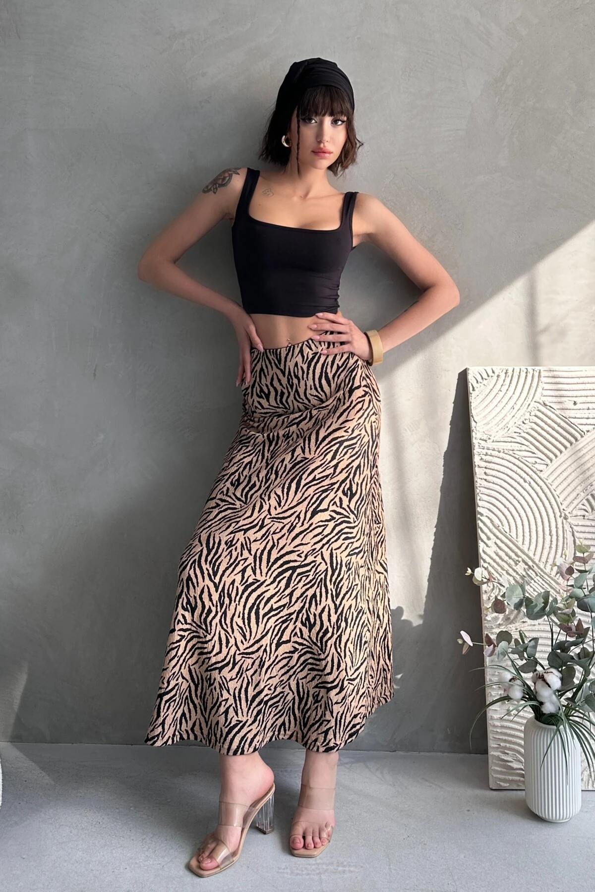 DESENLİ UZUN BÜRÜMCÜK KLOŞ ETEK - kahve