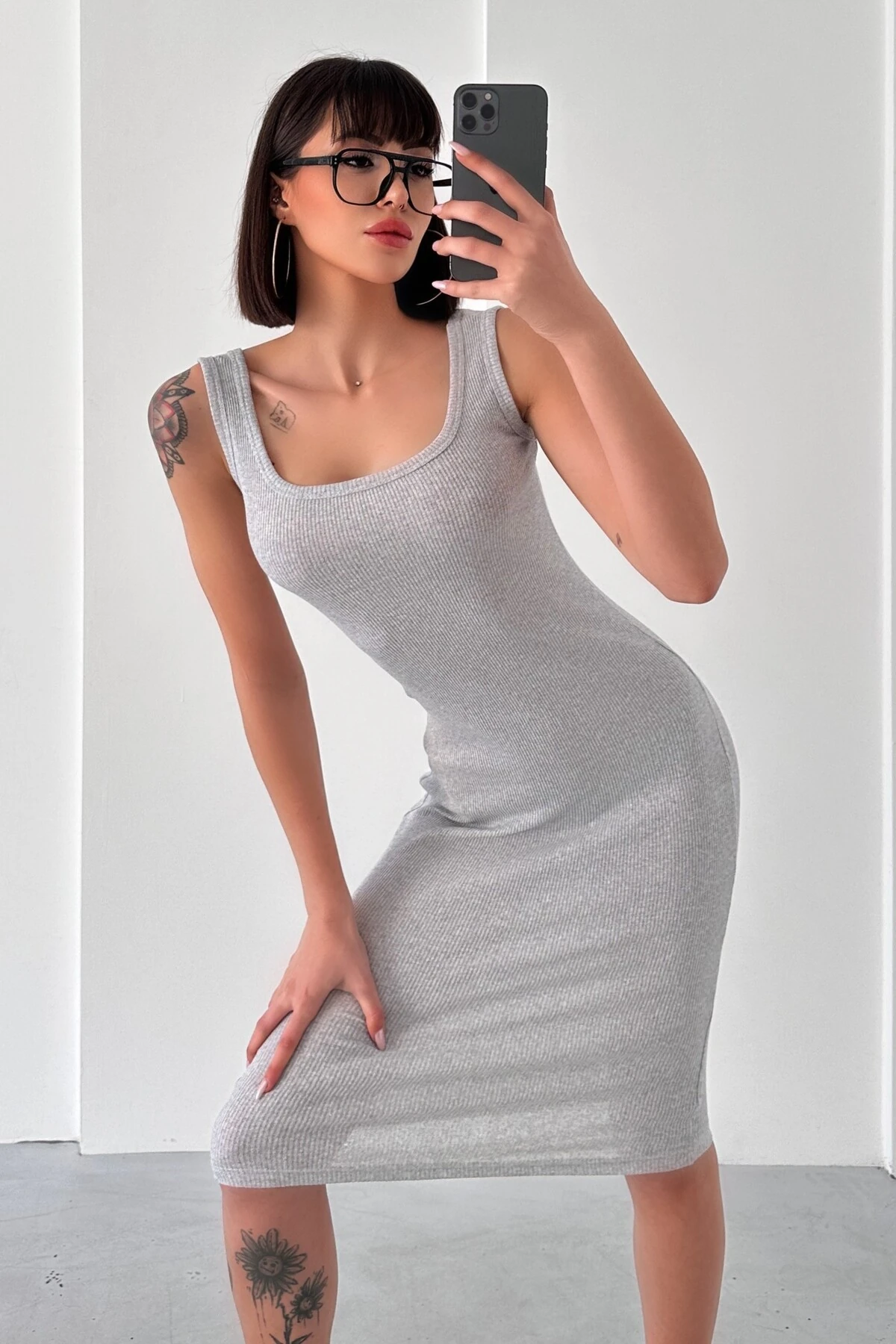 KALIN ASKILI KARE YAKA BASİC KAŞKORSE ELBİSE - gri