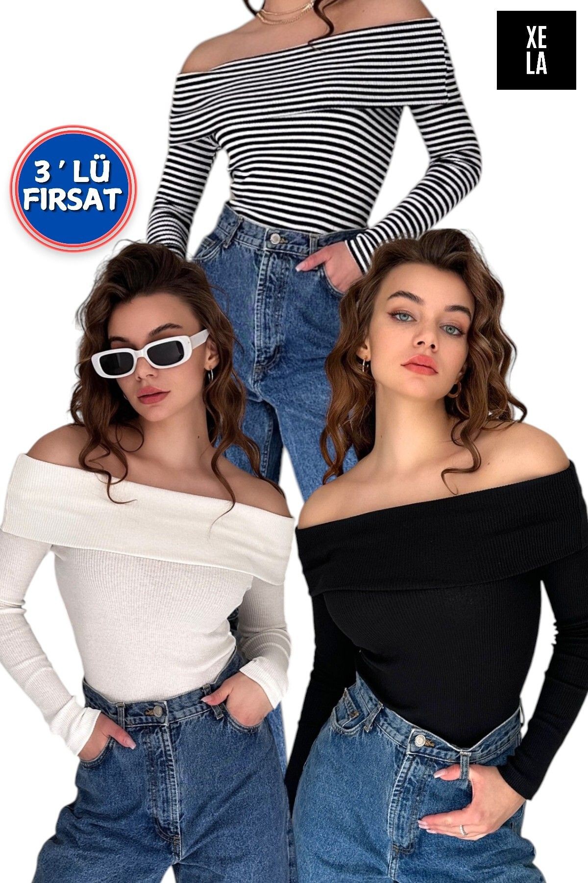 3' lü PAKET MADONNA YAKA KAŞKORSE BLUZ - ekru - si̇yah - çi̇zgi̇li̇