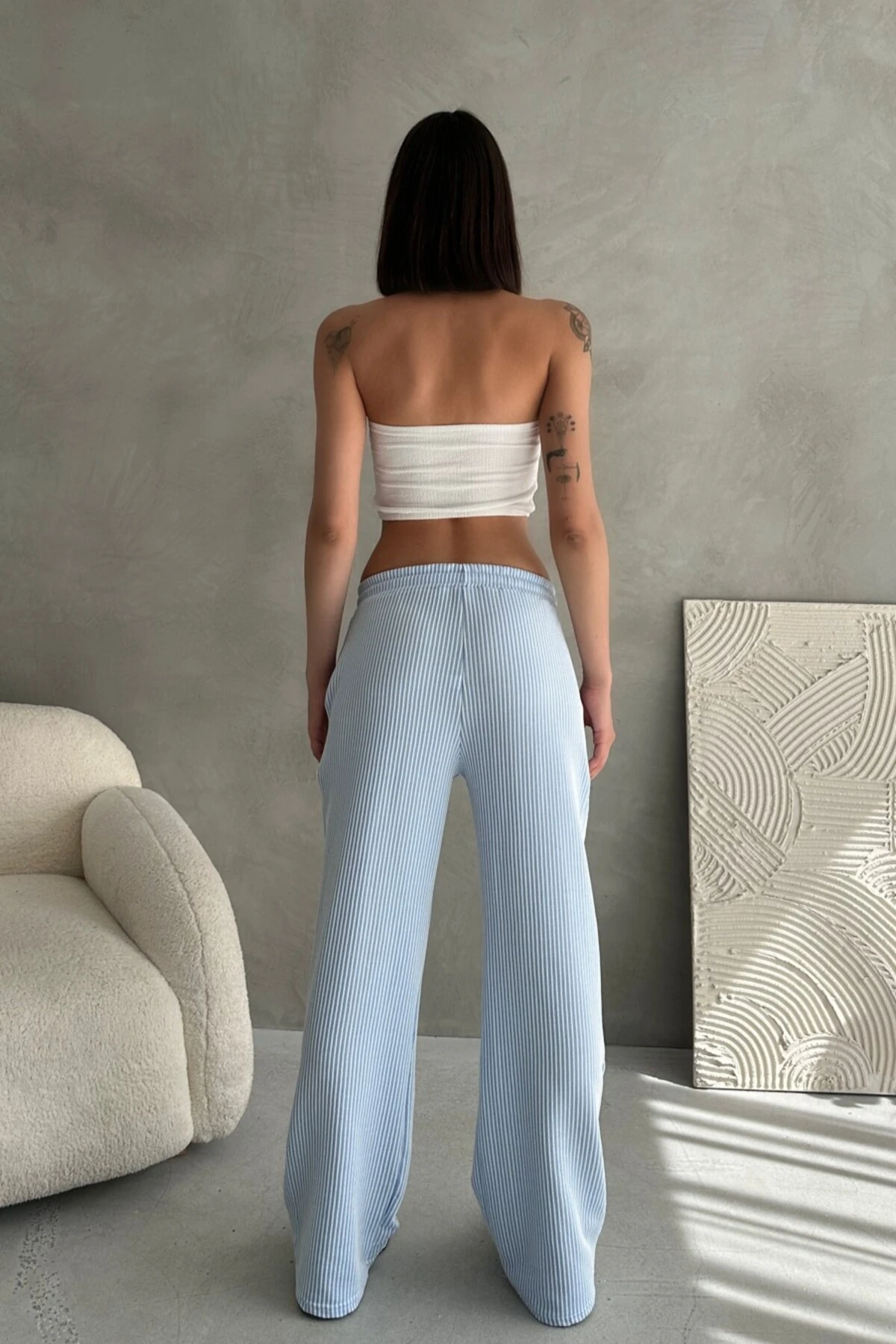 BELİ LASTİKLİ BAĞLAMALI SU YOLU ÇİZGİLİ PANTOLON