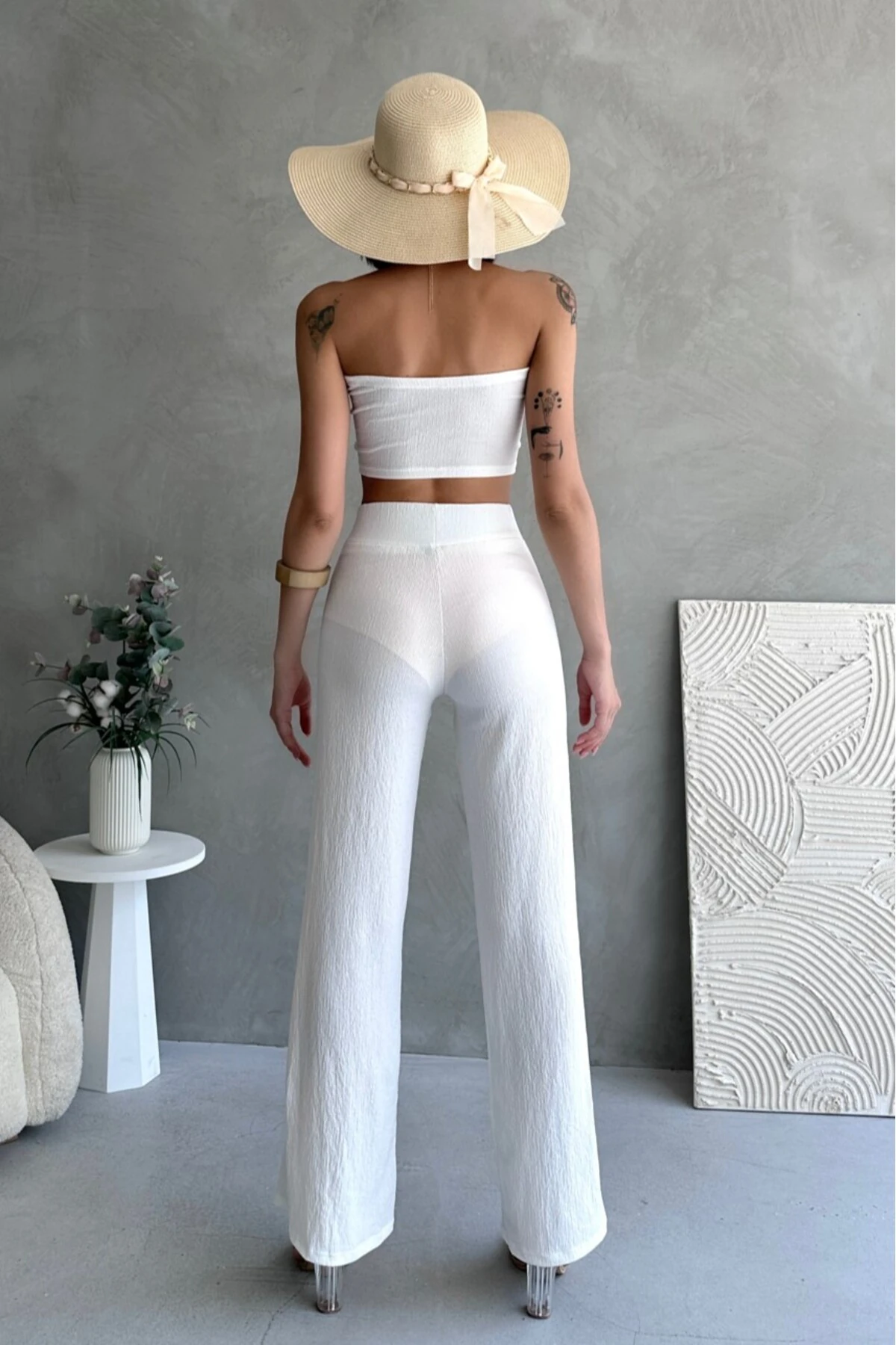 YUMEKO DEKOLTELİ CROP, YÜKSEK BEL BÜRÜMCÜK PANTOLON TAKIM