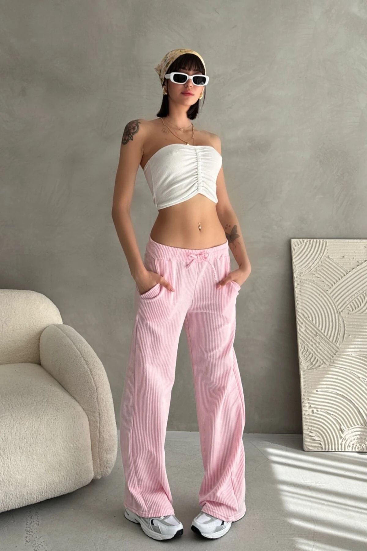 BELİ LASTİKLİ BAĞLAMALI SU YOLU ÇİZGİLİ PANTOLON - pembe