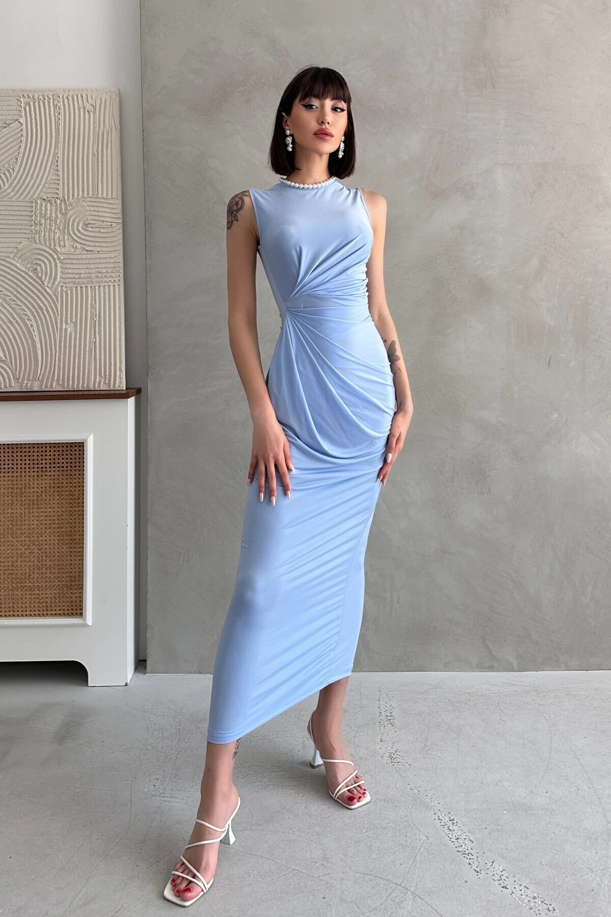 BİSİKLET YAKA KOLSUZ DRAPELİ SANDY ELBİSE - bebe mavi̇