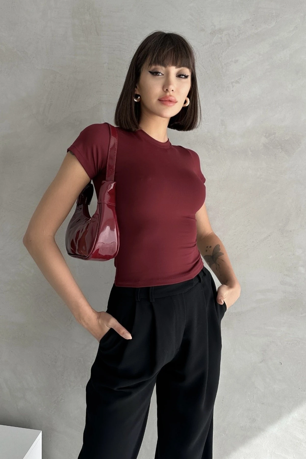 MODAL KUMAŞ BİSİKLET YAKA YARIM KOL BLUZ - bordo