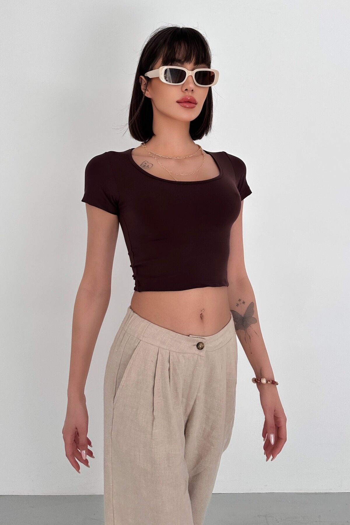 MODAL KUMAŞ OVAL YAKA YARIM KOL BODY - aci kahve
