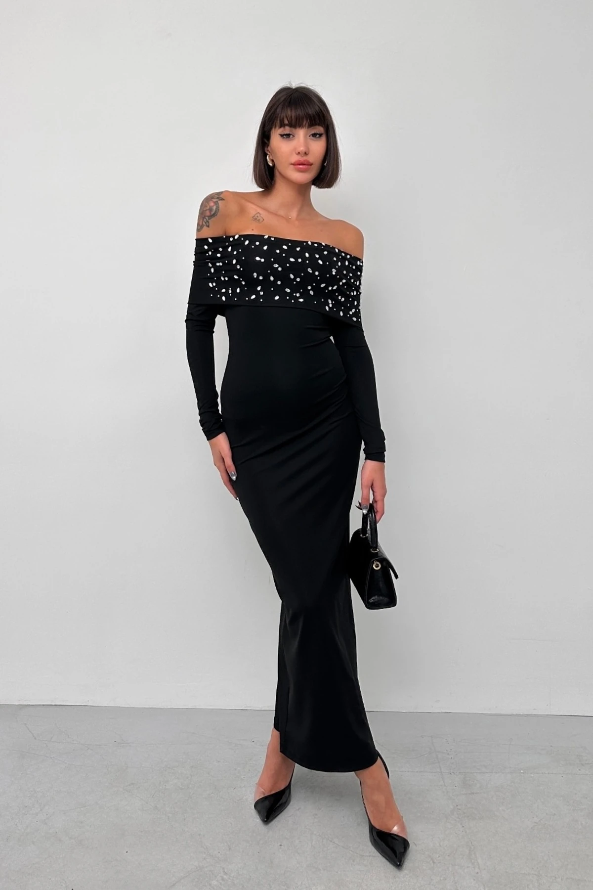 SCARLET UZUN KOL MADONNA TAŞLI DALGIÇ KUMAŞ ELBİSE - si̇yah