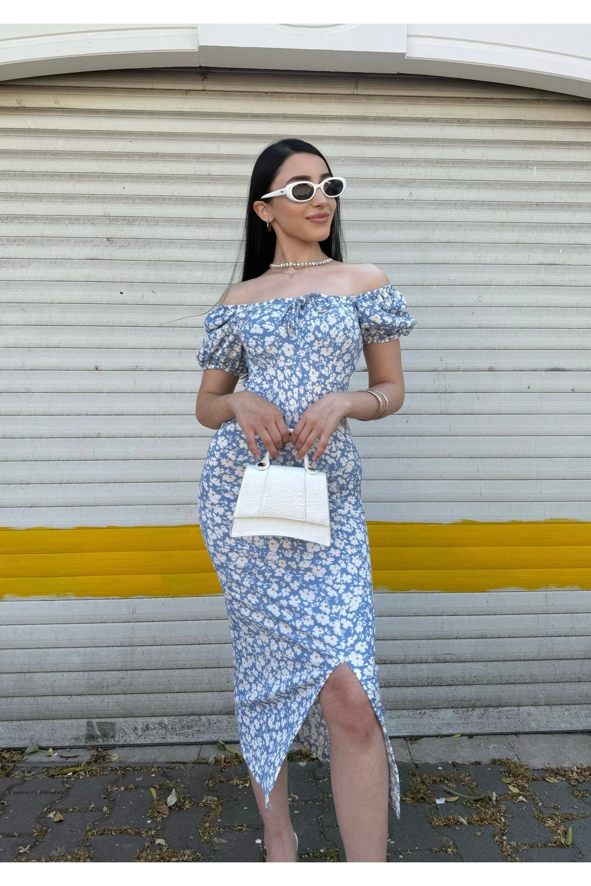 KARPUZ KOL BÜYÜK ÇİÇEK DESENLİ YIRTMAÇLI ELBİSE