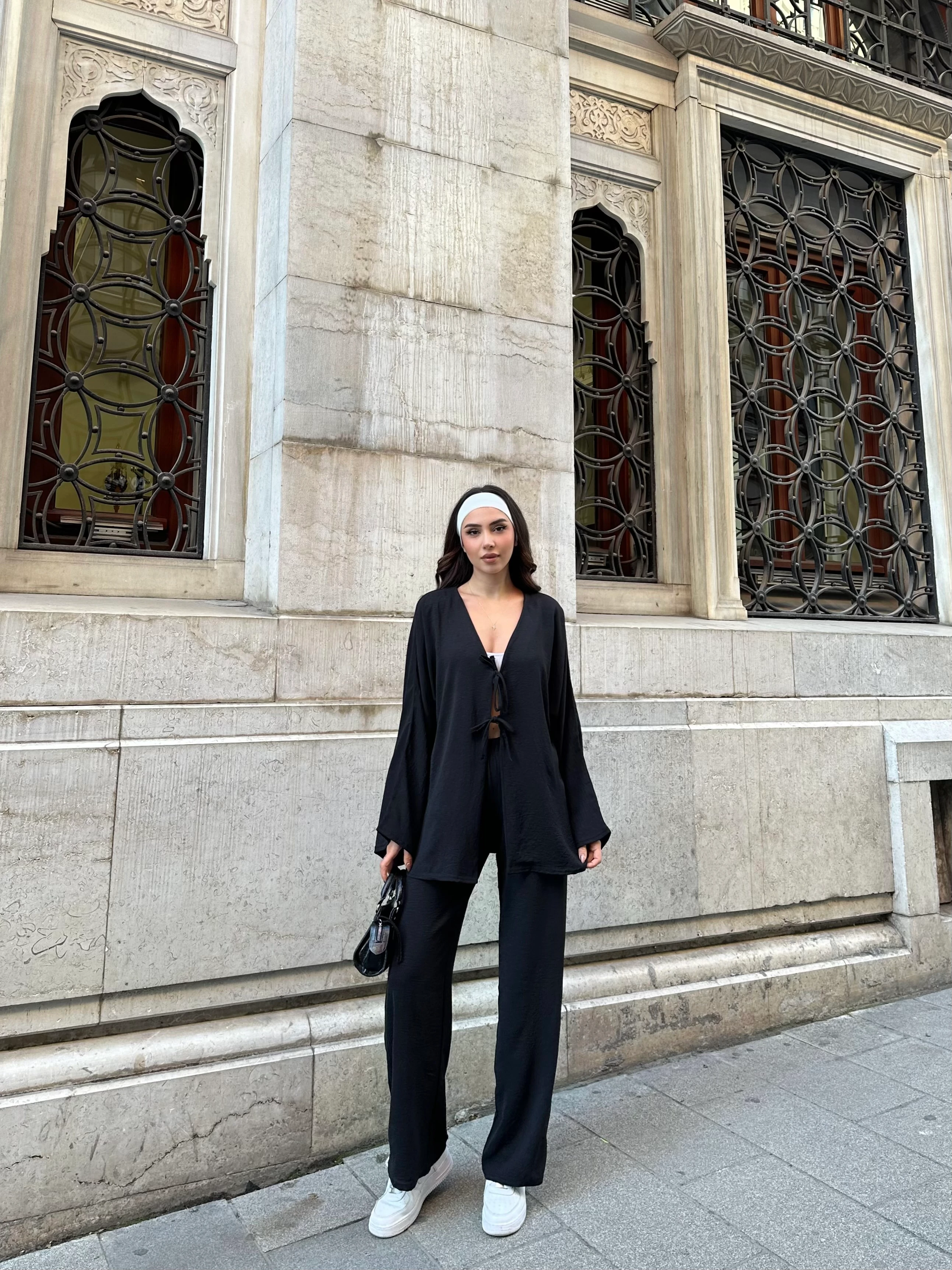 Kadın Önden Bağlamalı Gömlek, Palazzo Pantolon Aerobin Takım - siyah