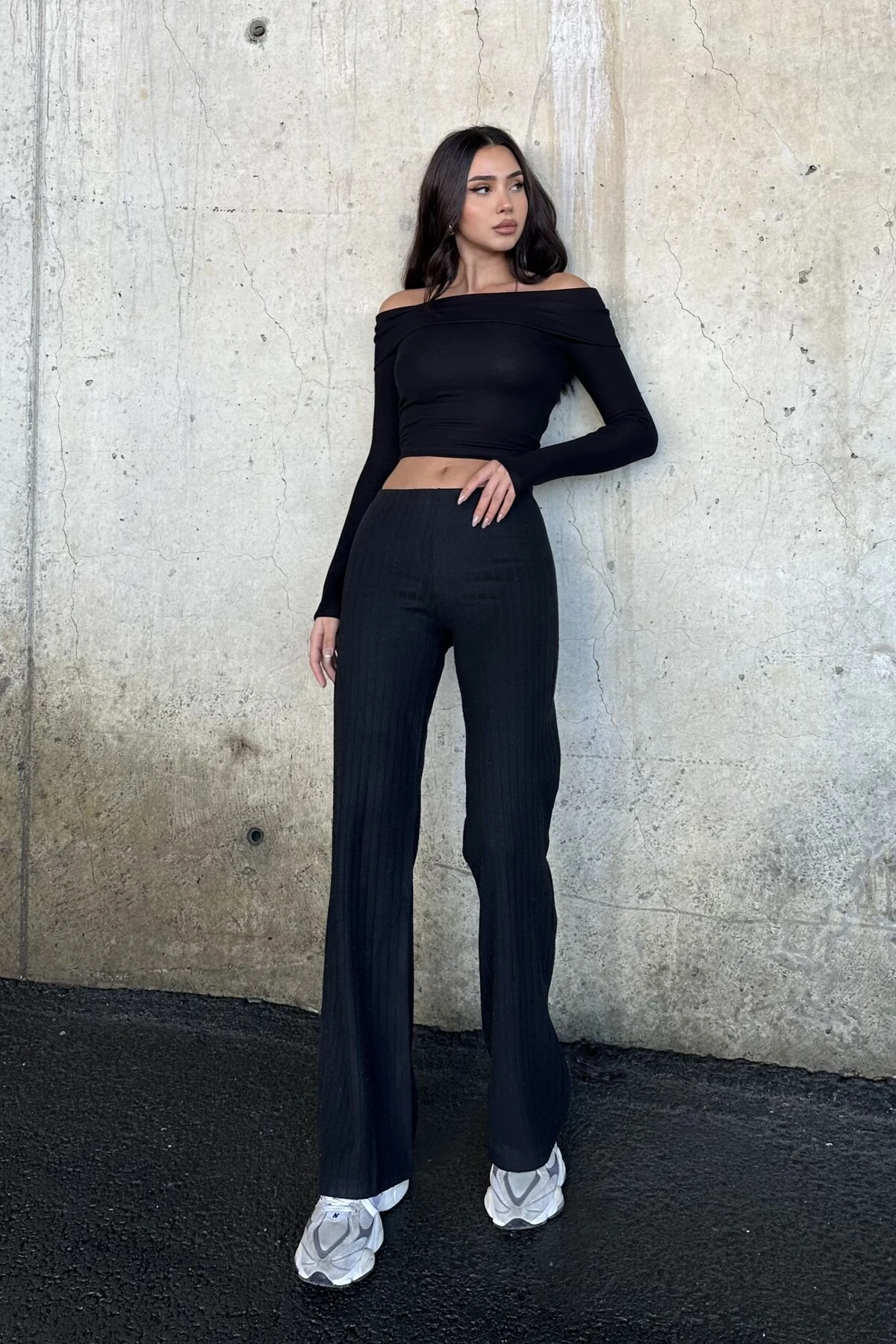 YÜKSEK BEL,ELASTİK BEL BANTLI PALAZZO PANTOLON - si̇yah