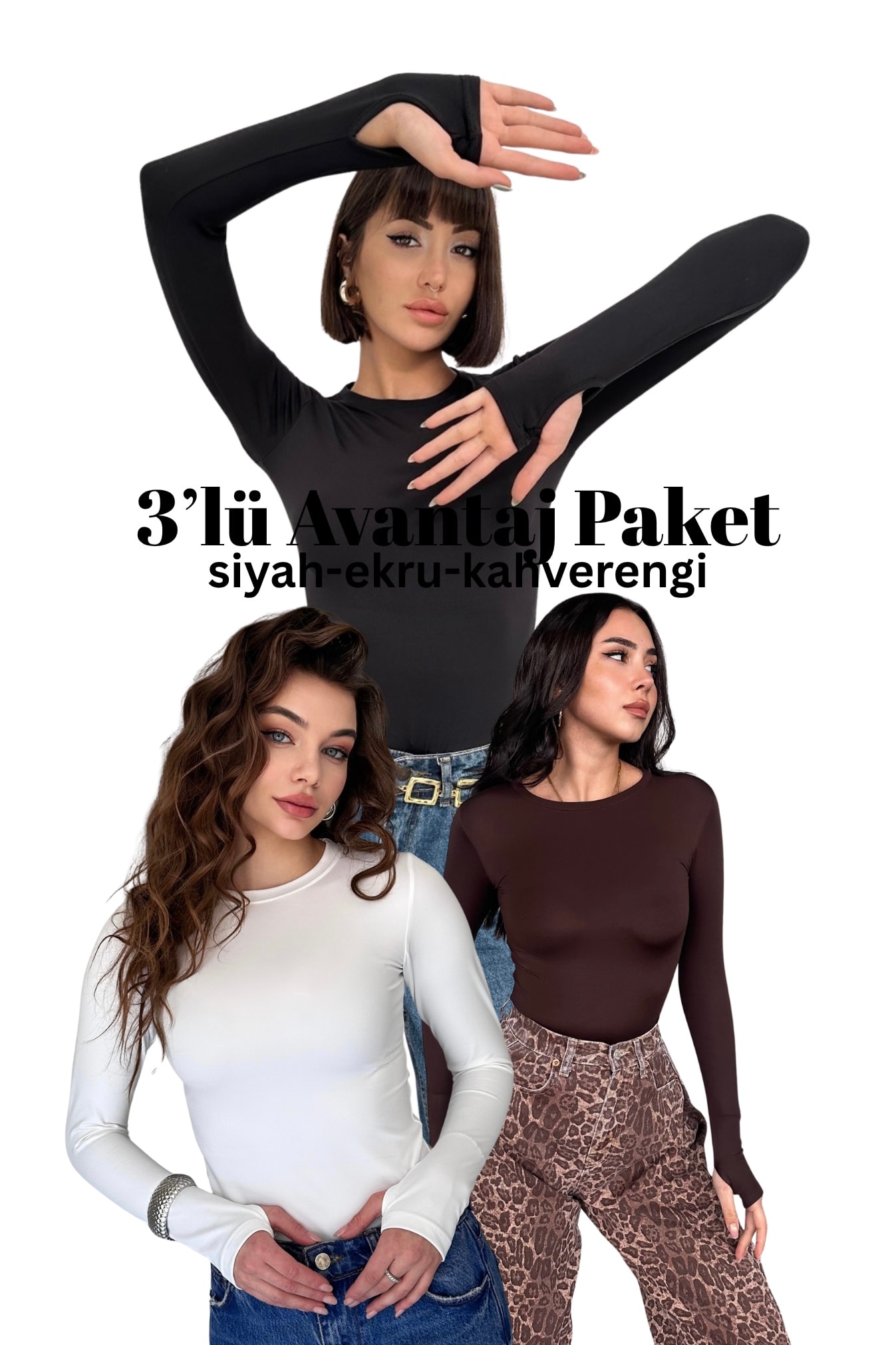 3' lü AVANTAJ PAKET OYSHO PARMAK GEÇİRMELİ UZUN KOL BLUZ
