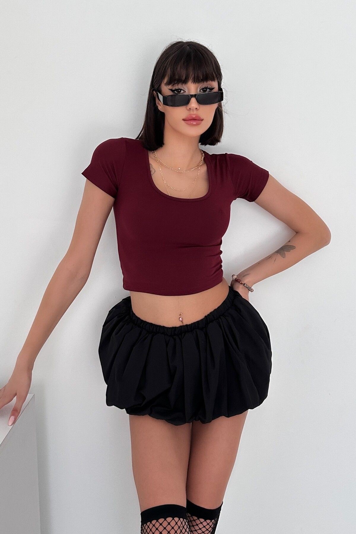 MODAL KUMAŞ OVAL YAKA YARIM KOL BODY - bordo