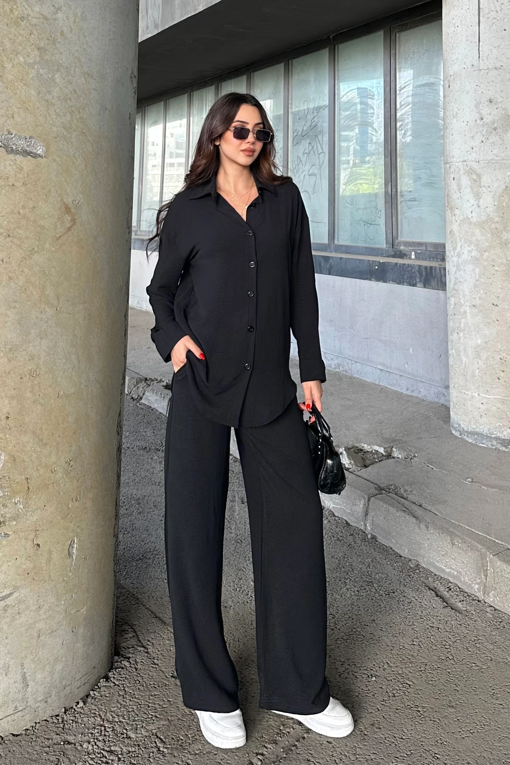 OVERSİZE RAHAT KALIP, UZUN KOL GÖMLEK ve GENİŞ PAÇA BOL KESİM PANTOLONLU AEROBİN TAKIM - si̇yah
