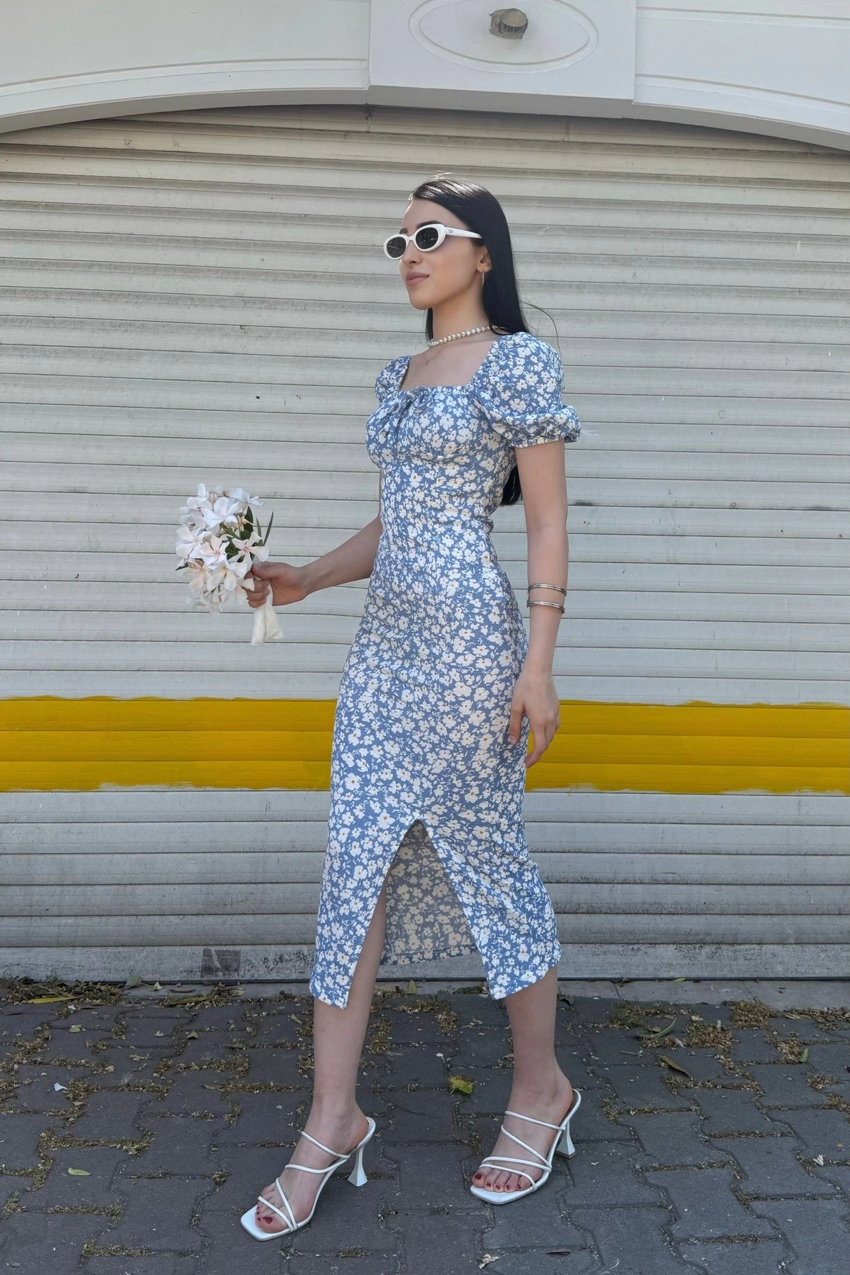 KARPUZ KOL BÜYÜK ÇİÇEK DESENLİ YIRTMAÇLI ELBİSE