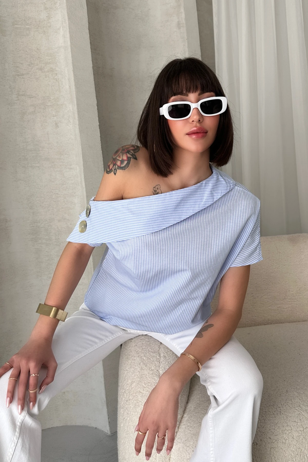 SEDEF DÜĞME DETAYLI ÇAPRAZ YAKALI TASARIM GÖMLEK - blue whi̇te - mavi̇ beyaz