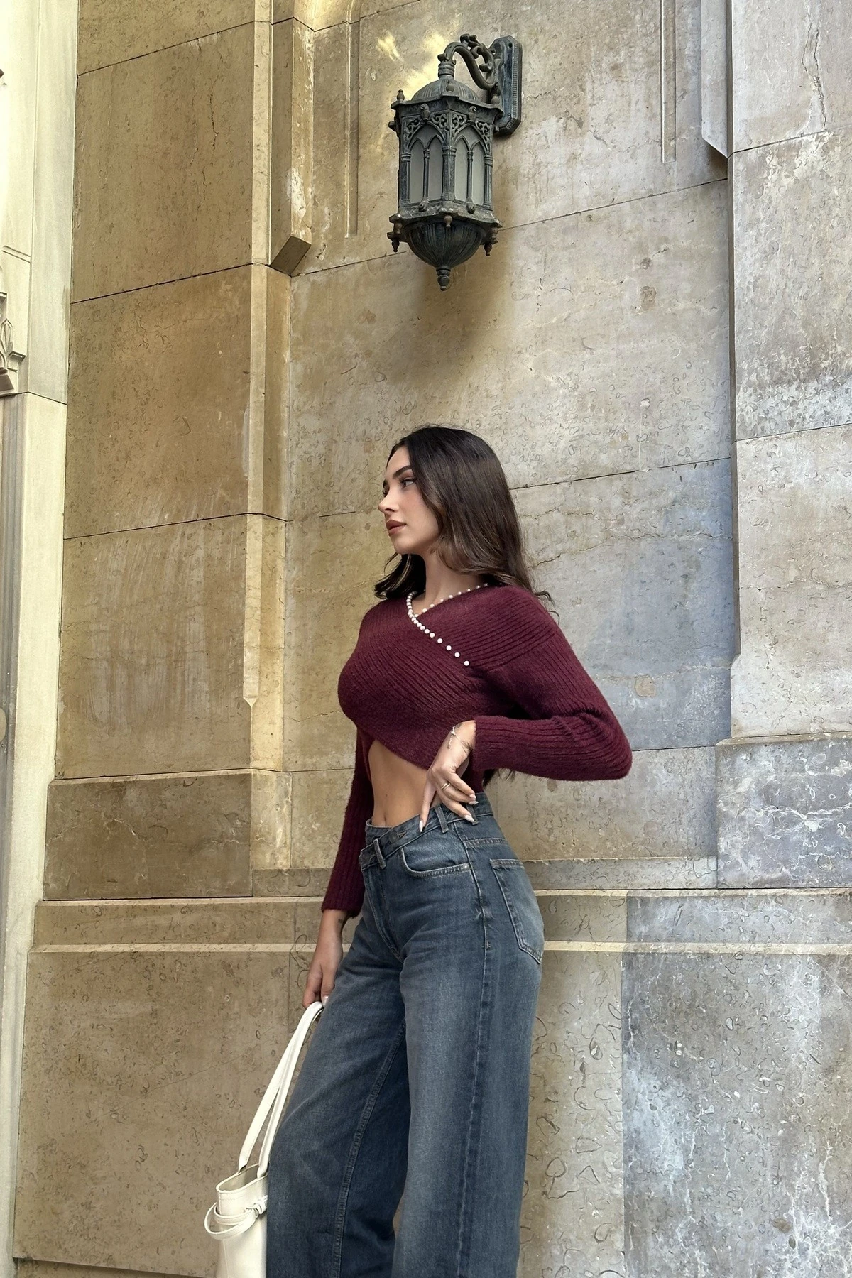 SWAN İNCİ DETAYLI KRUVAZE UZUN KOL TRİKO BLUZ