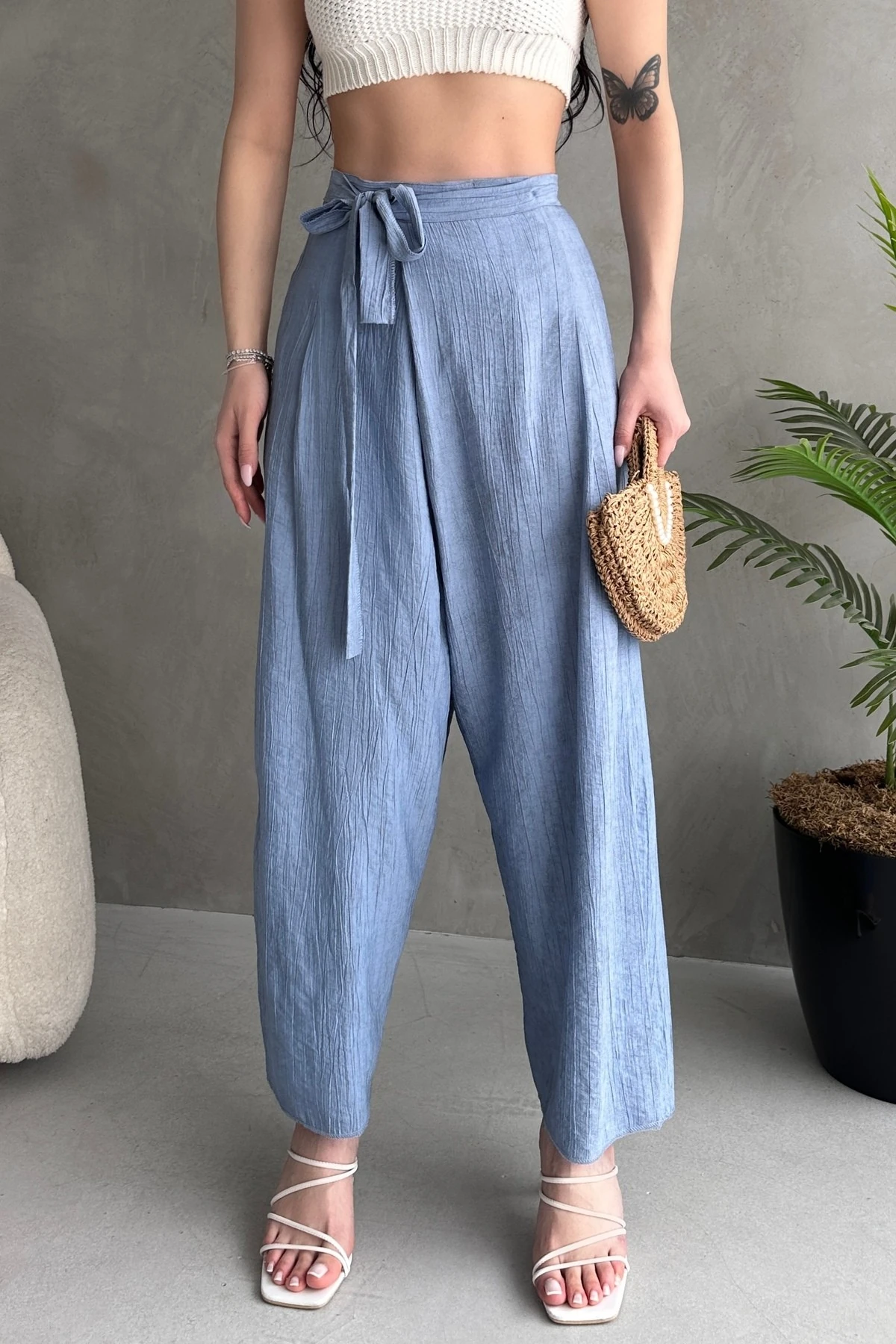 BELDEN BAĞLAMA DETAYLI ŞALVAR TİPİ KETEN PANTOLON