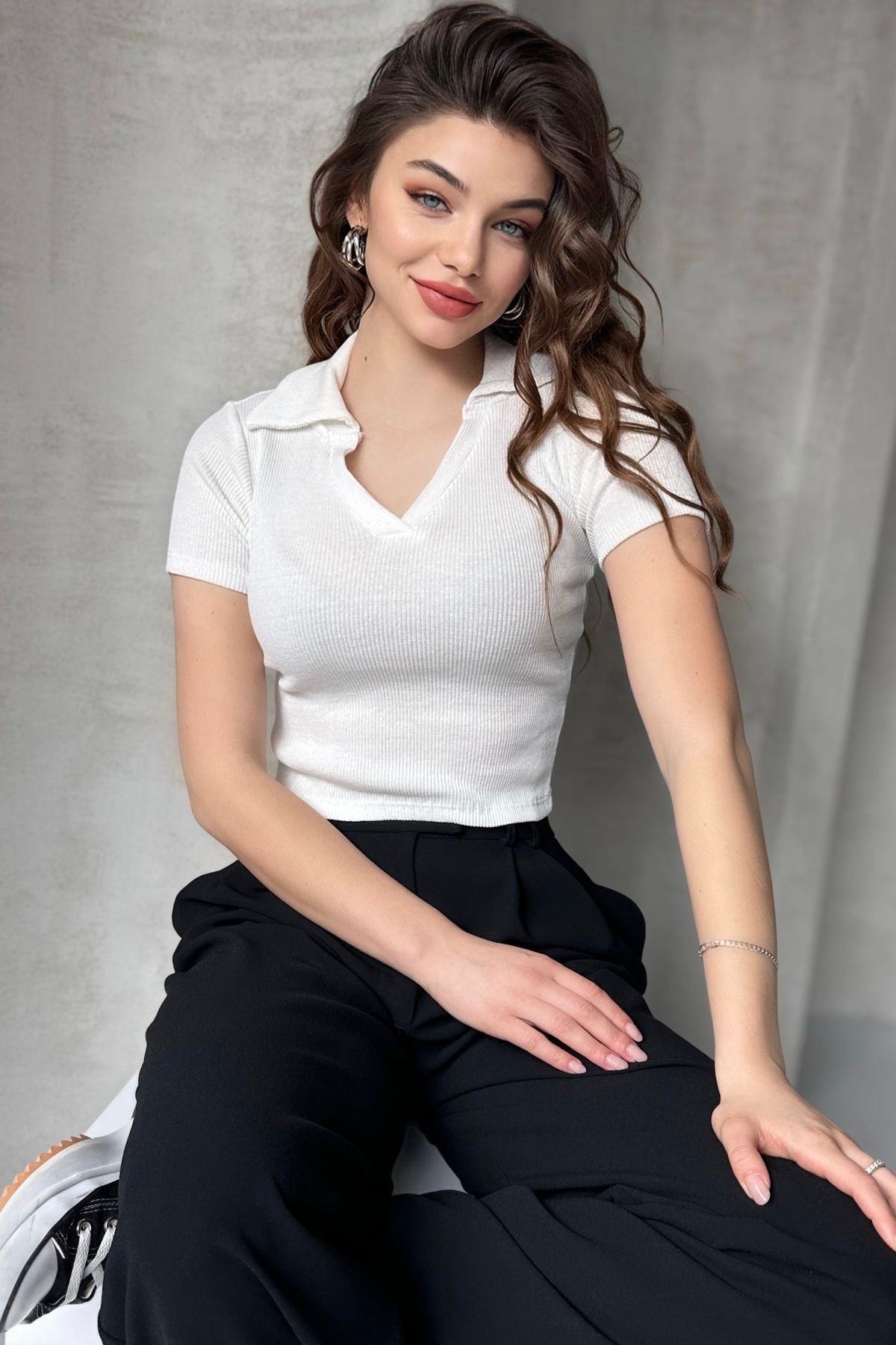 POLO YAKA KAŞKORSE KISA KOL CROP BODY - ekru