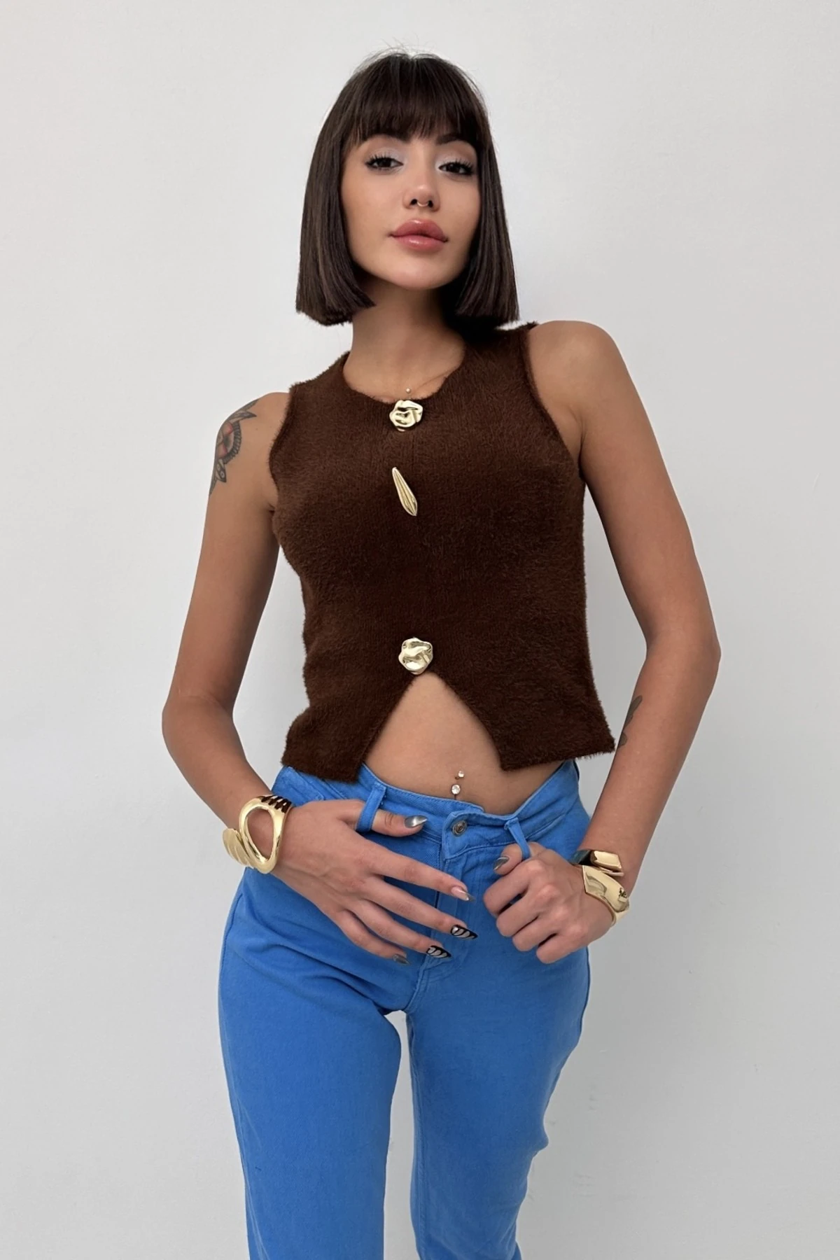 MONE GOLD DÜĞME DETAYLI TRİKO SÜVETER - acı kahve