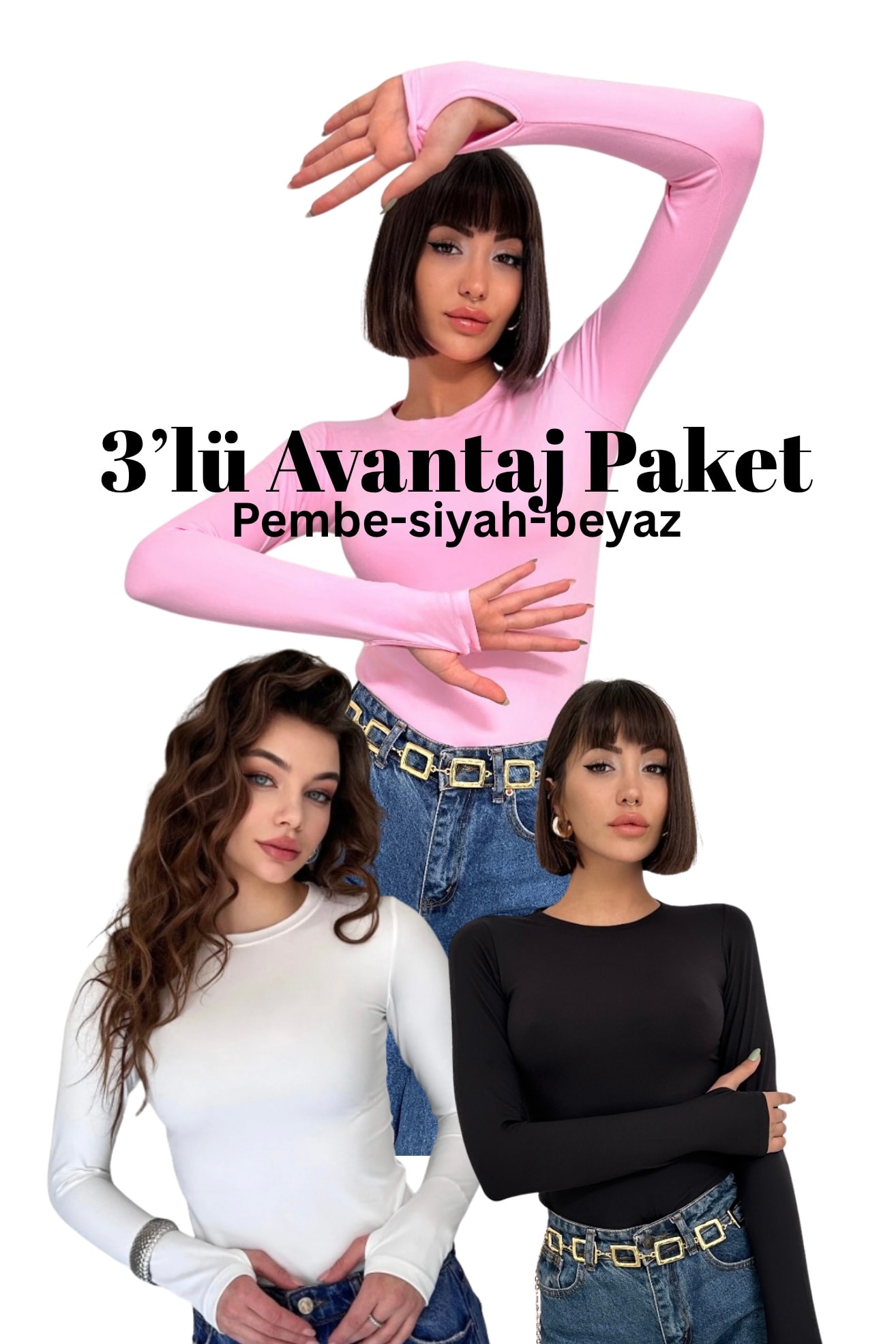 3' lü AVANTAJ PAKET OYSHO PARMAK GEÇİRMELİ UZUN KOL BLUZ