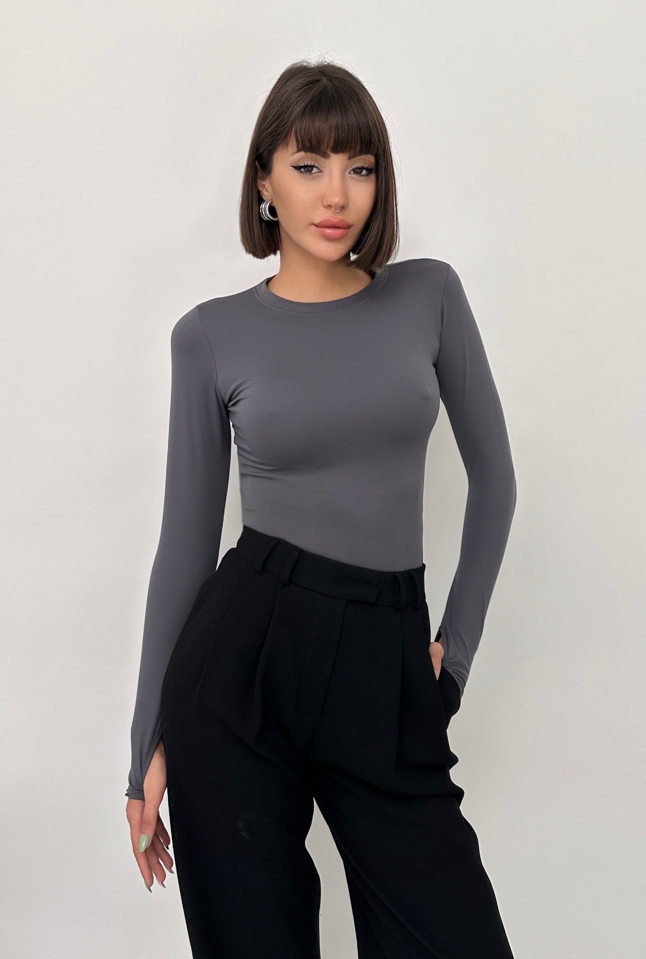 MODAL KUMAŞ PARMAK GEÇİRMELİ UZUN KOL BODY - füme
