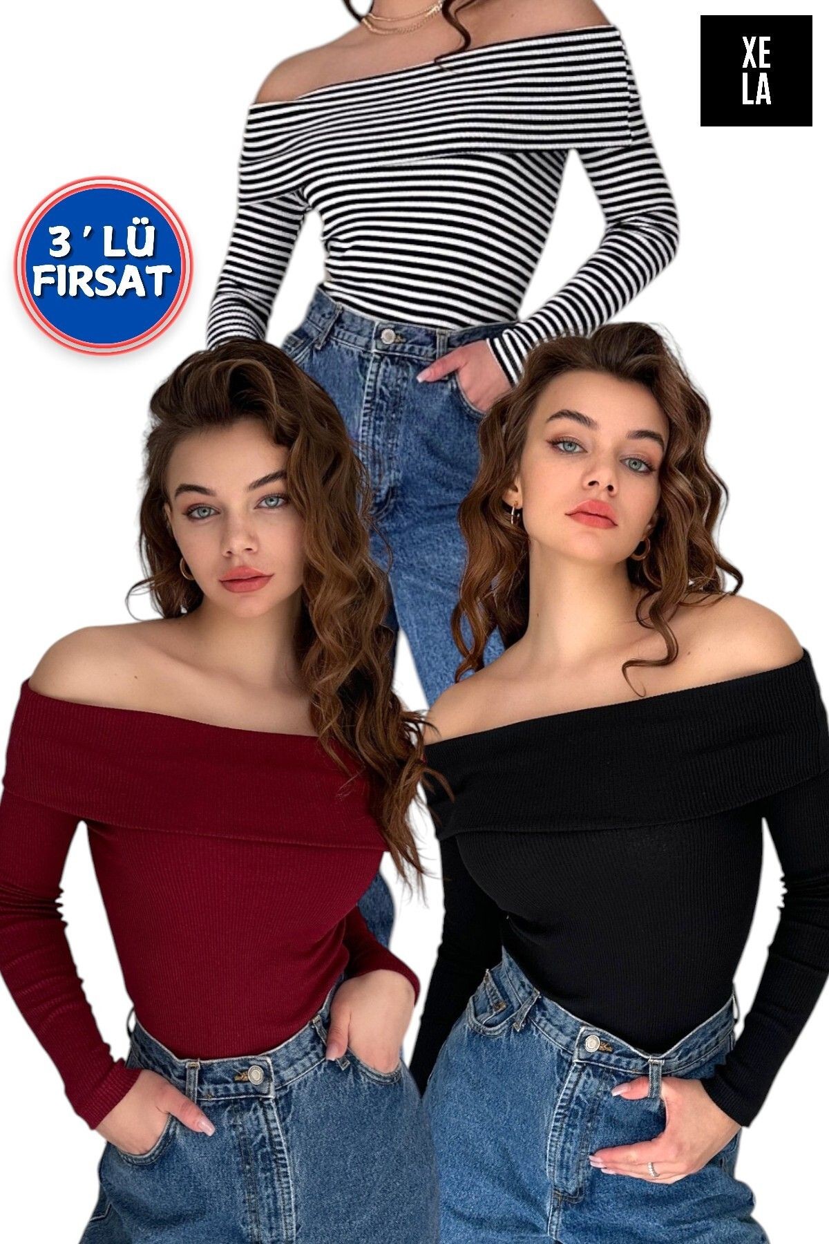 3' lü PAKET MADONNA YAKA KAŞKORSE BLUZ - bordo - si̇yah - çi̇zgi̇li̇