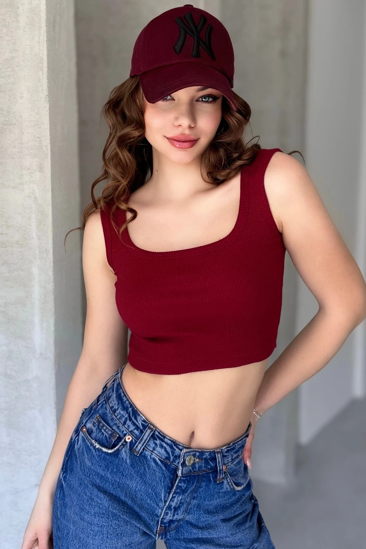 U YAKA, FİTİLLİ GÖRÜNÜMLÜ, KALIN ASKILI, KAŞKORSE CROP ATLET - bordo