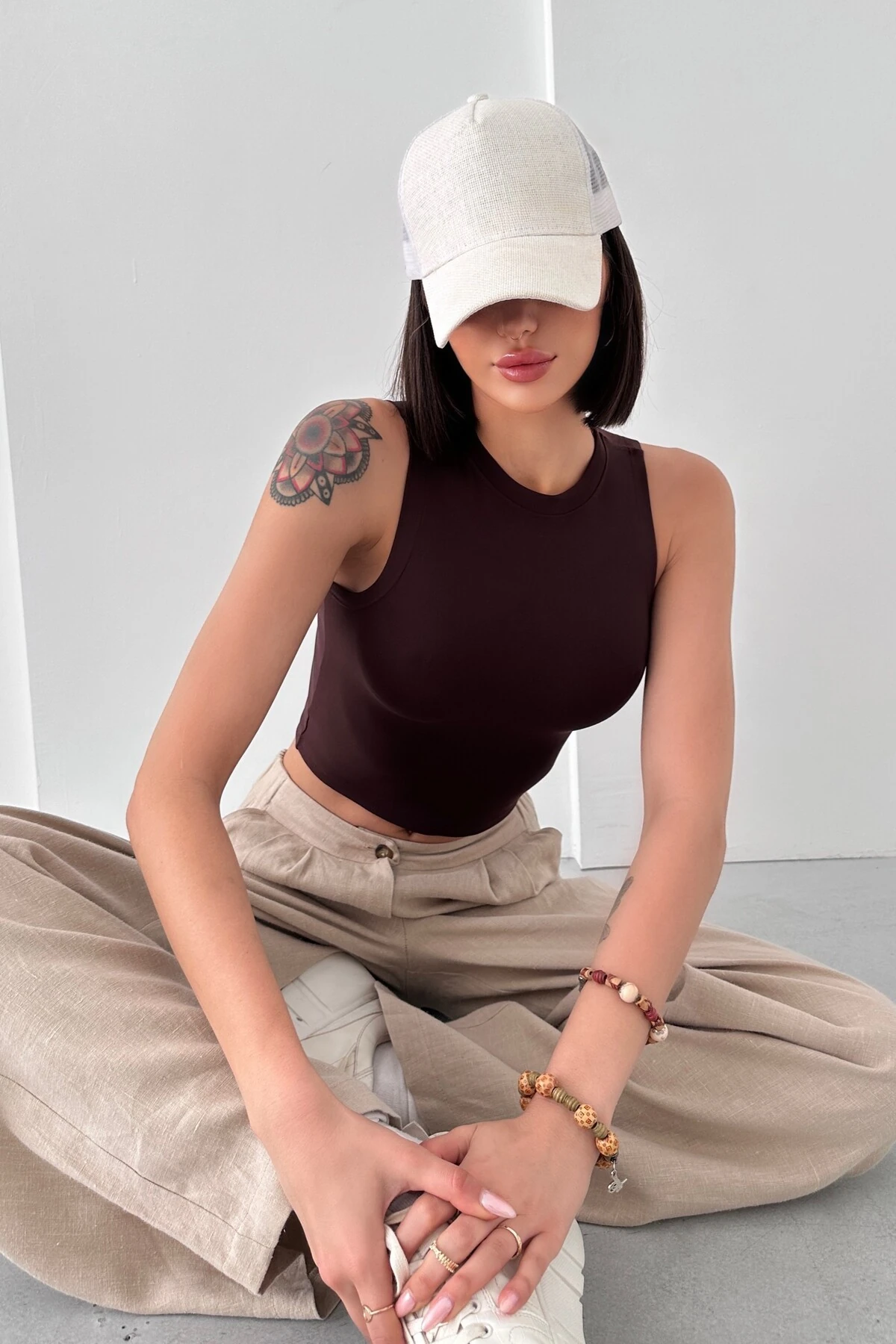 MODAL KUMAŞ BİSİKLET YAKA KOLSUZ BODY - acı kahve