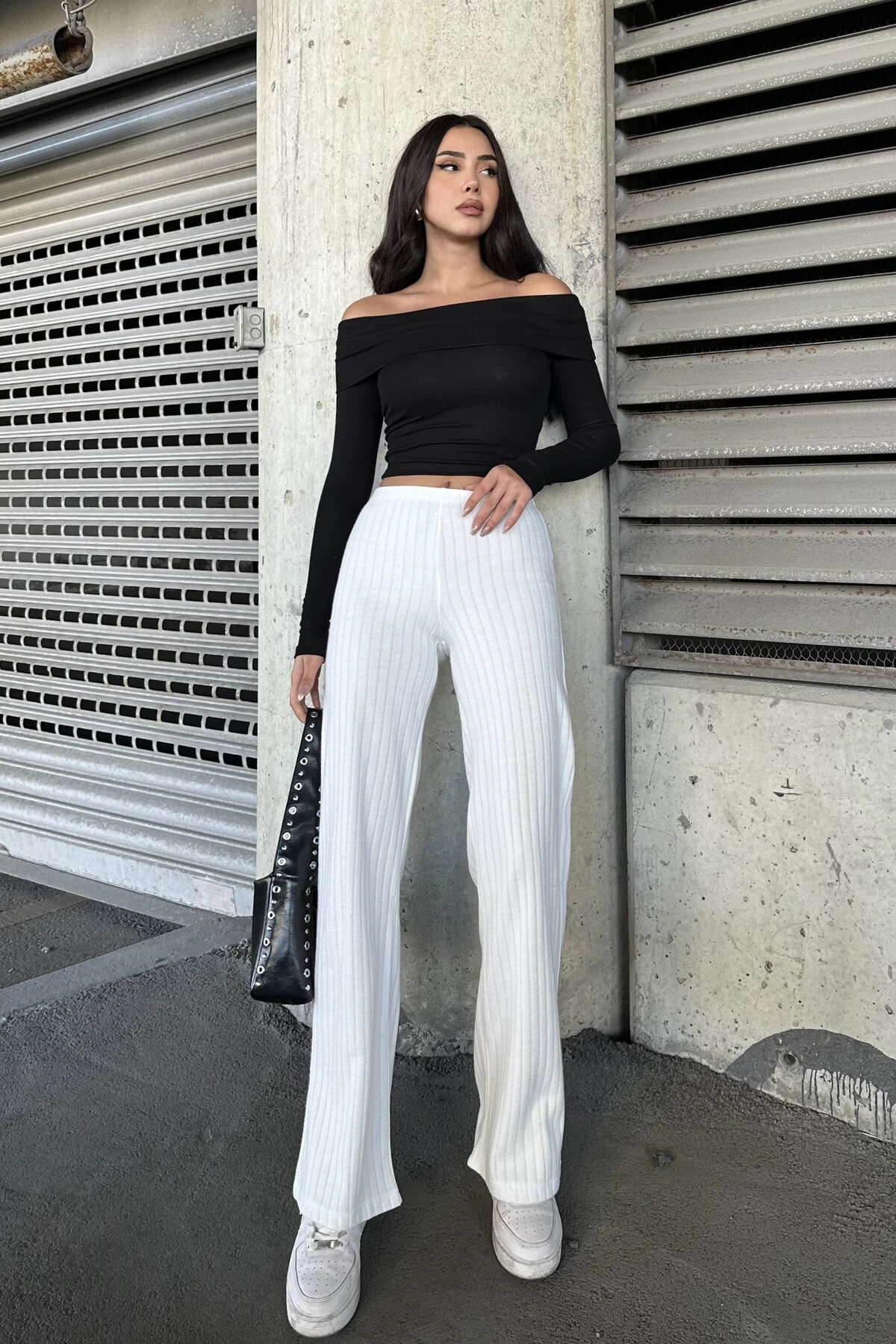 YÜKSEK BEL,ELASTİK BEL BANTLI PALAZZO PANTOLON - ekru