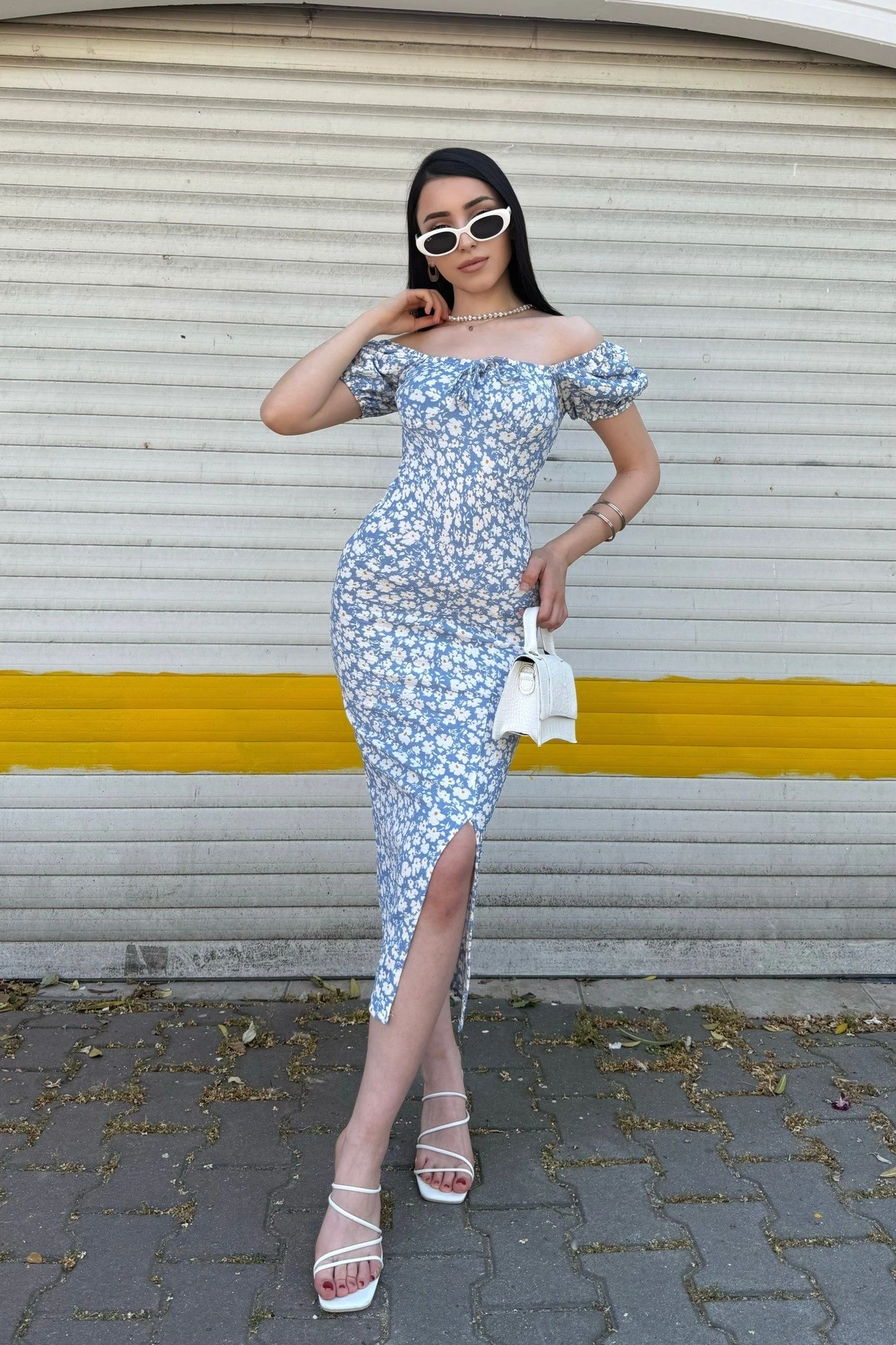 KARPUZ KOL BÜYÜK ÇİÇEK DESENLİ YIRTMAÇLI ELBİSE