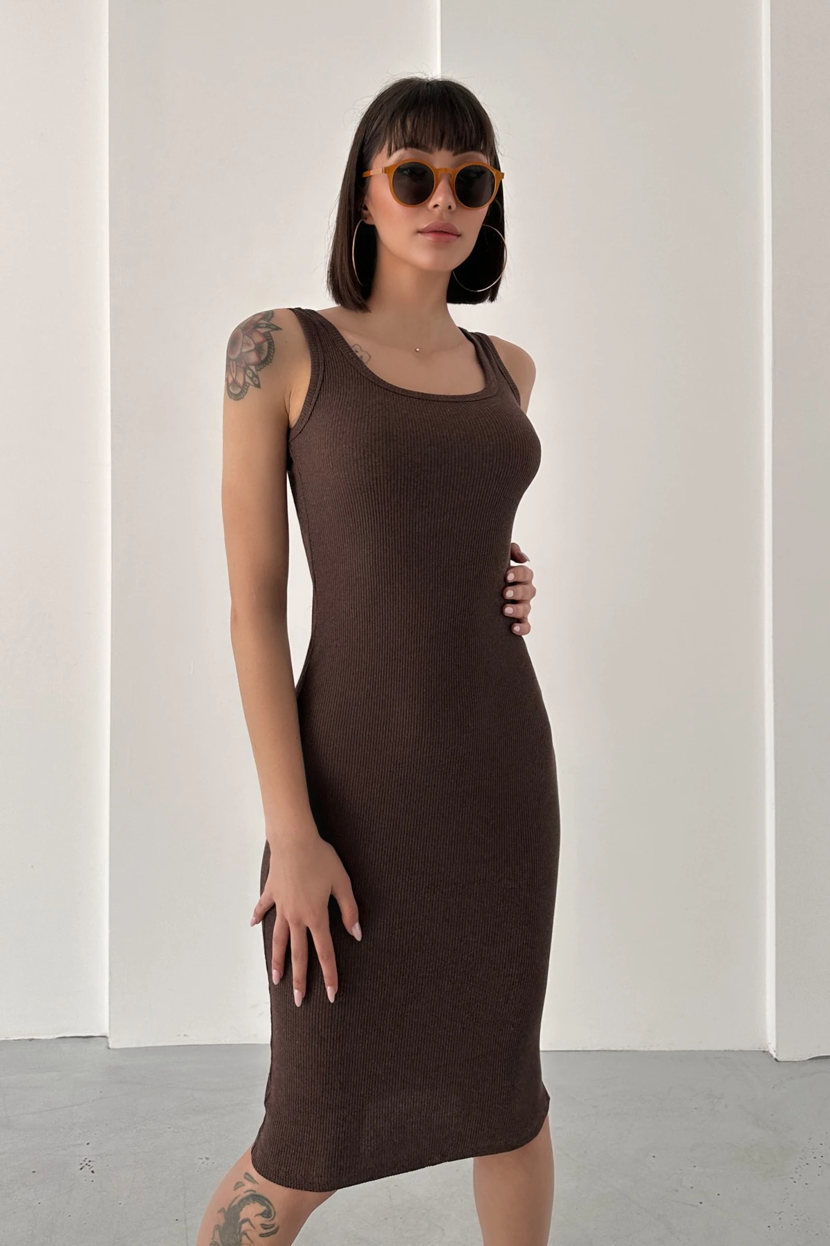 KALIN ASKILI KARE YAKA BASİC KAŞKORSE ELBİSE - kahverengi