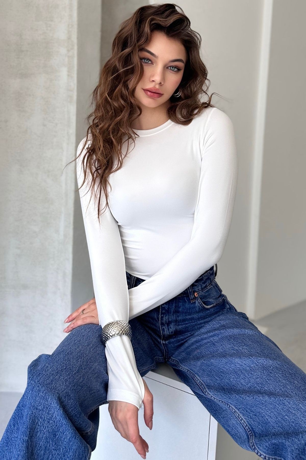 OYSH KUMAŞ PARMAK GEÇİRMELİ UZUN KOL BODY - ekru
