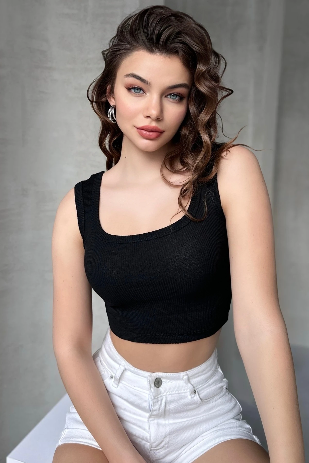 U YAKA, FİTİLLİ GÖRÜNÜMLÜ, KALIN ASKILI, KAŞKORSE CROP ATLET - si̇yah