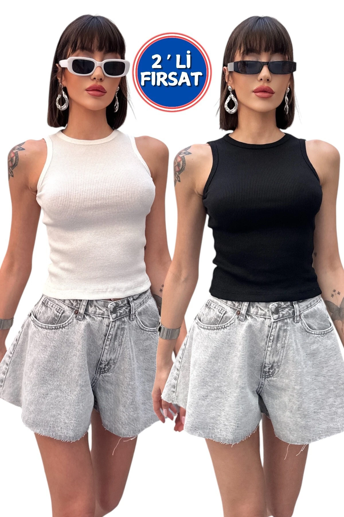 2 ' li PAKET BİSİKLET YAKA KOLSUZ UZUN FİTİLLİ ATLET