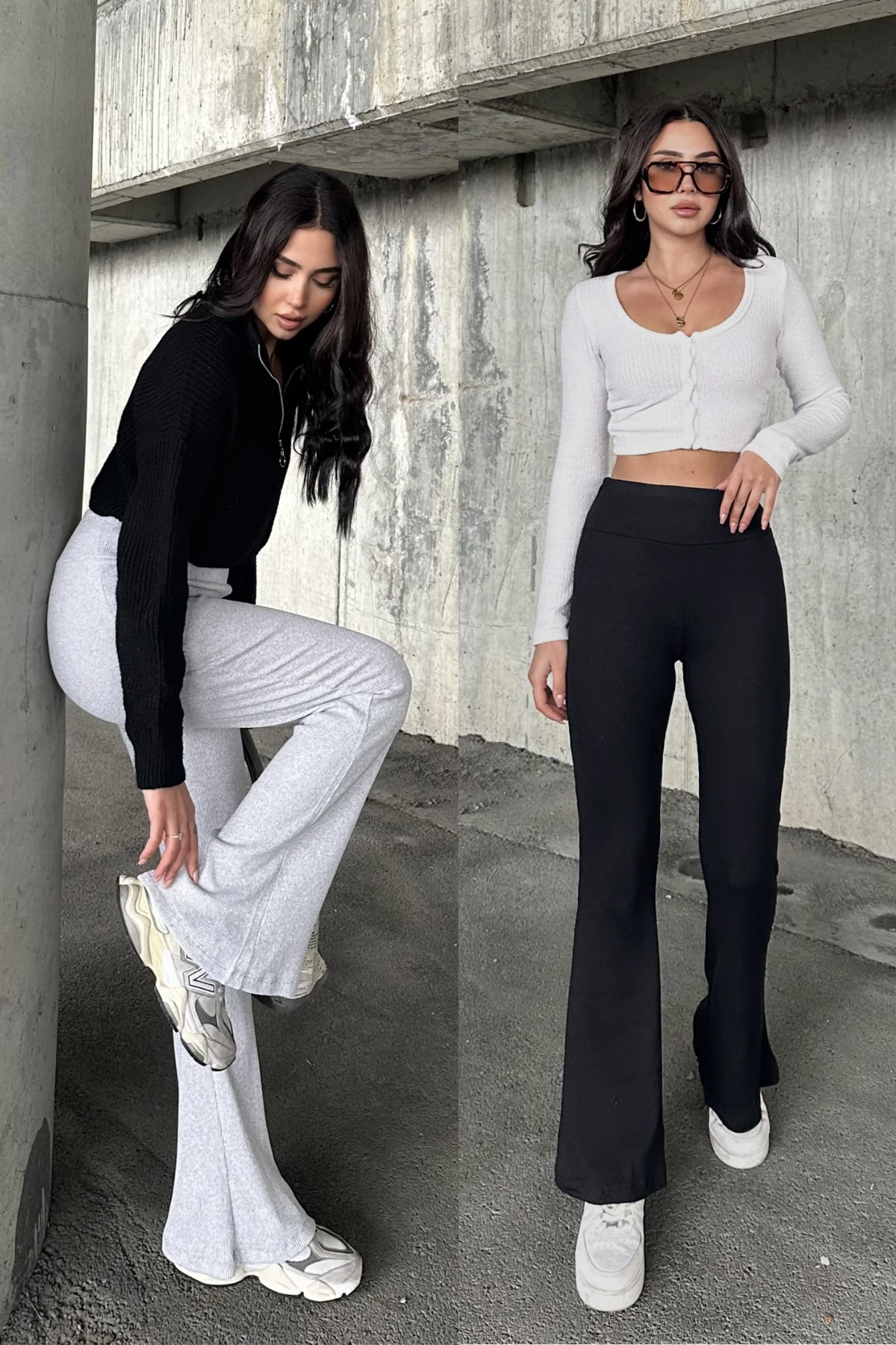 İSPANYOL PAÇA YÜKSEK BEL KAŞKORSE PANTOLON - AÇIK GRİ - SIYAH