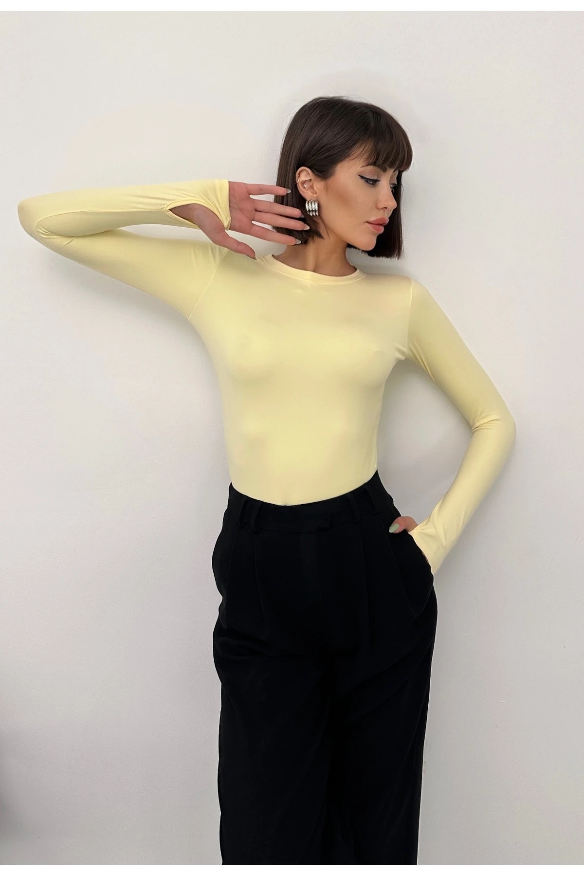 Modal Kumaş Parmak Geçirmeli Uzun Kol Body - sarı