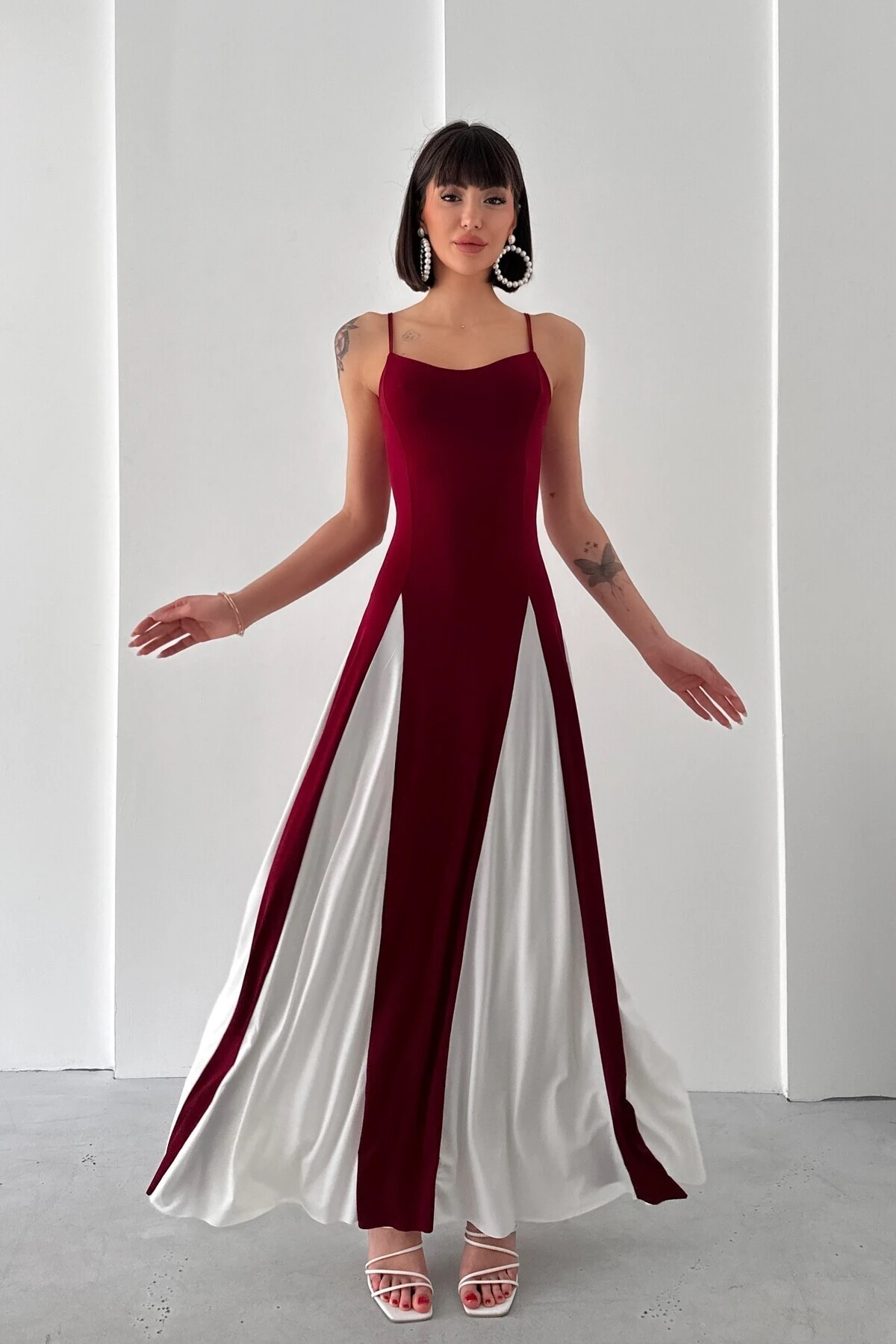 İP ASKILI PARÇALI DESEN SANDY ELBİSE - bordo