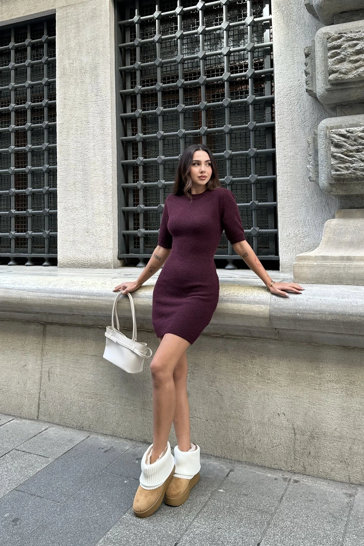 TAYLOR W. BİSİKLET YAKA TRİKO MİNİ ELBİSE - bordo